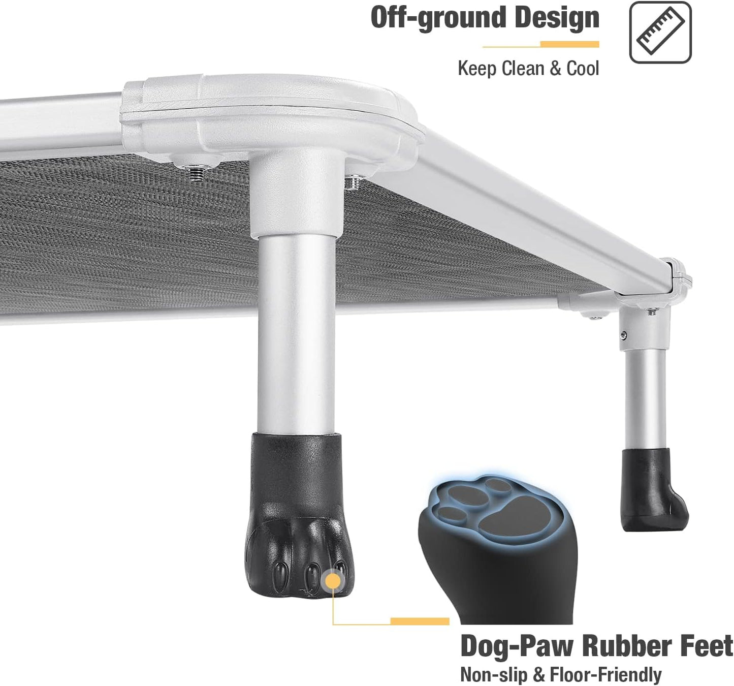 Veehoo Chew Proof Elevated Dog Bed - Cooling Raised Pet Cot - Silver Aluminum Frame and Durable Textilene Mesh Fabric, Unique Designed No-Slip Feet for Indoor or Outdoor Use, Black Silver, Medium