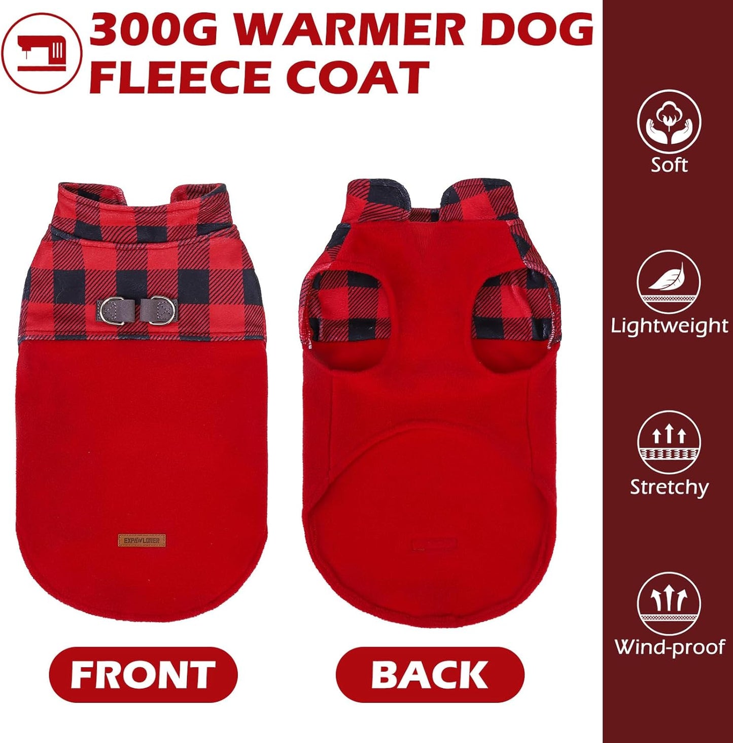 EXPAWLORER Fleece Dog Sweater for Small Medium Dogs - Classic Plaid Jacket, Doggie Winter Coat Vest with 2 D-Rings for Leash, Cold Weather Clothes,Pet Apparel,Sweatershirt for Boy or Girls