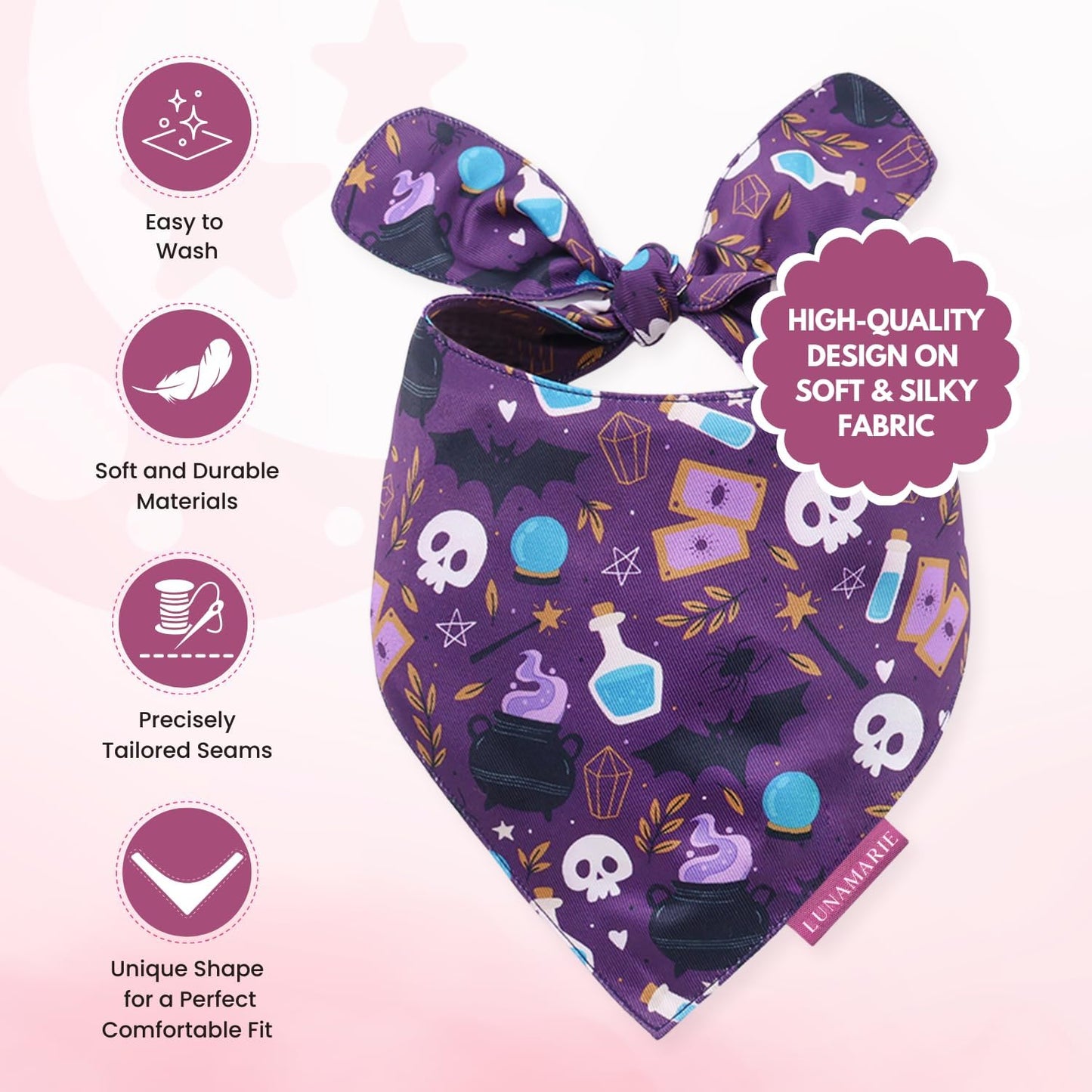 LunaMarie - Luxury Pet Birthday Bandanas -Premium & Silky Poly Fabric | 100% Handmade | Custom Shape Dual Layered (Bewitched, Small)