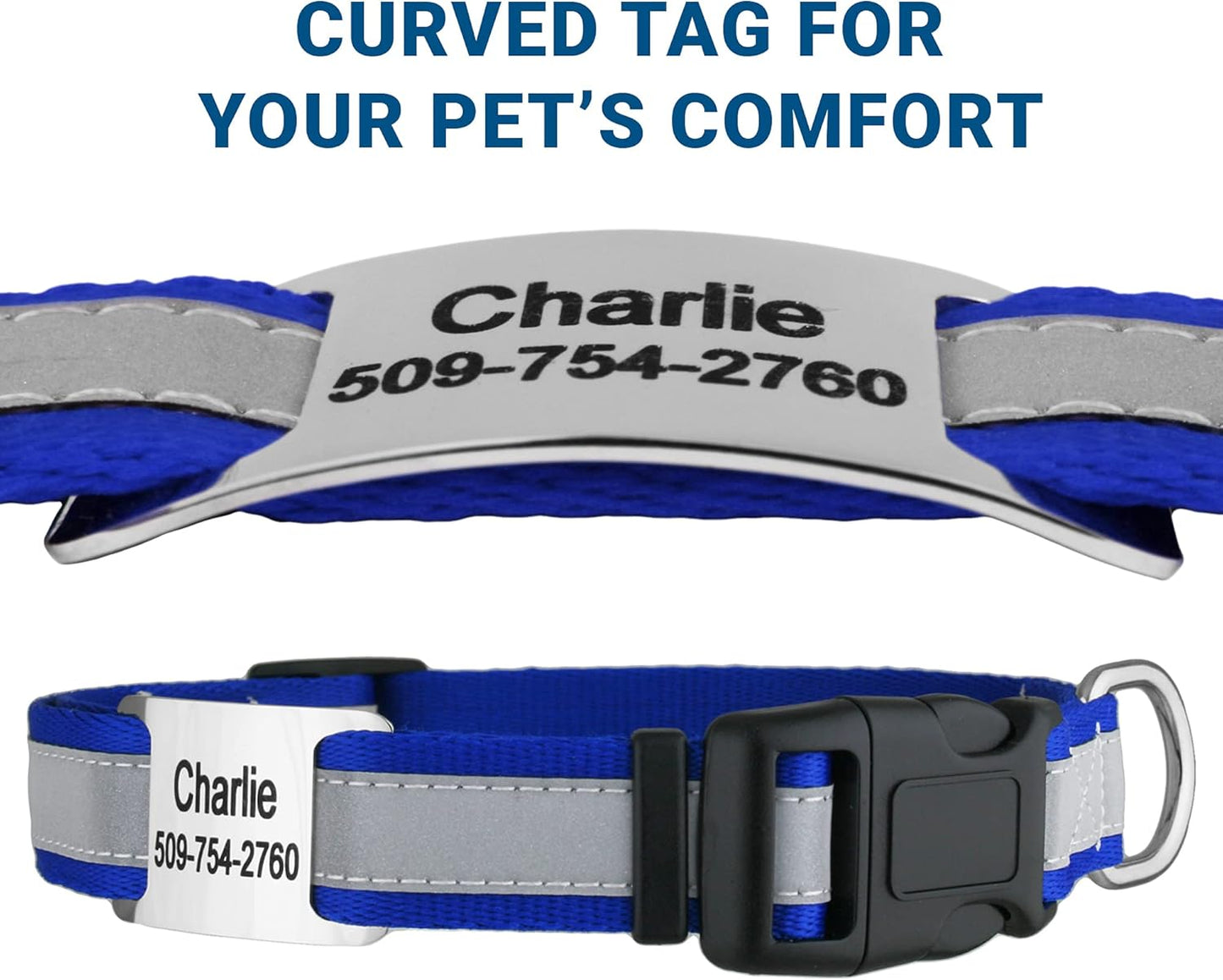 GoTags Reflective Personalized Dog Collar with Nameplate, Adjustable Dog Collar with Custom Engraved Steel Slide On Pet ID Tag, Silent, No Noise Dog Tag for Large Medium or Small (Blue, Small)