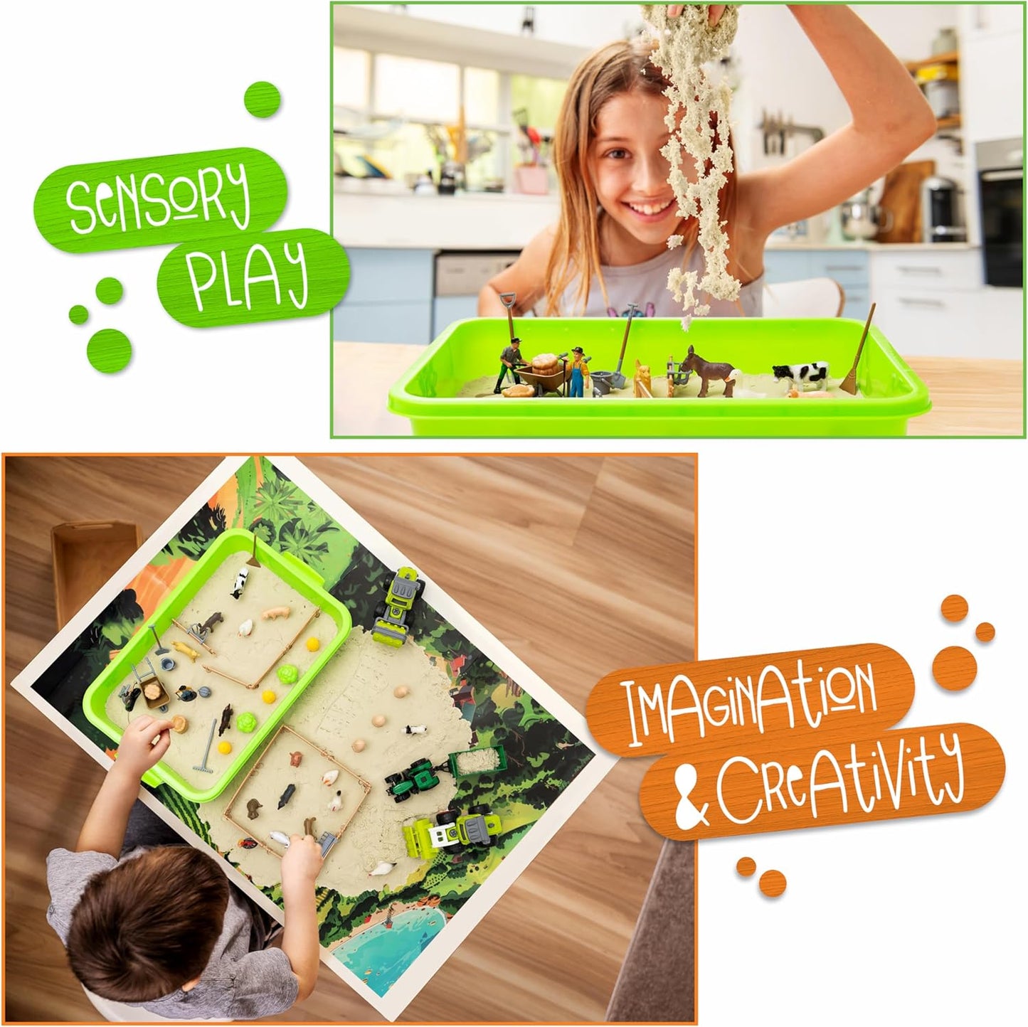 59 PCS Farm Sensory Bin Sandbox with Lid, 2.2 LB Sensory Sand, 40 Toddler Farm Toys, 3 Take Apart Construction Trucks -Sensory Toys for Kids 5-7, 3-4 & Up- Kids Gifts for Boys and Girls