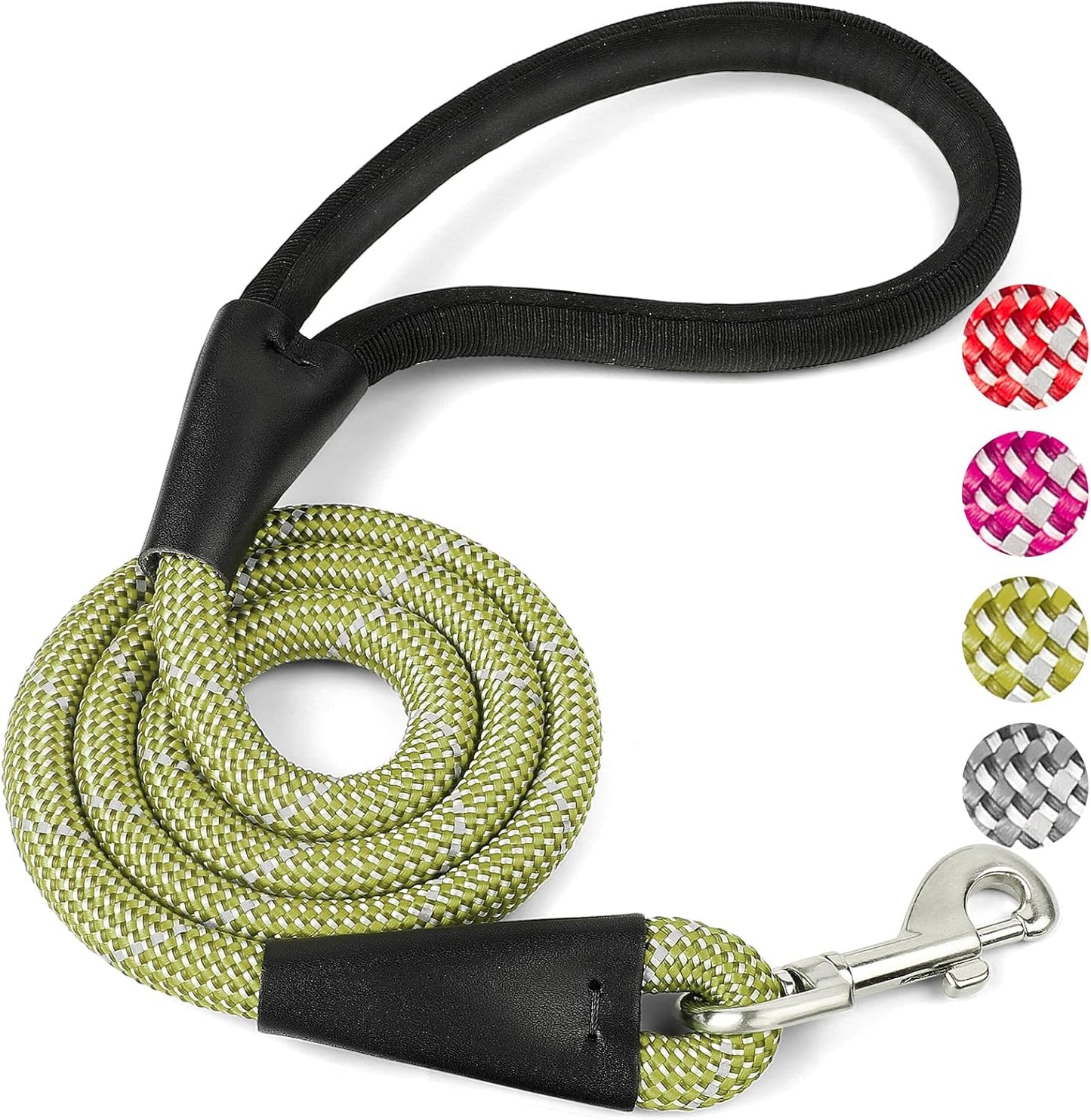 Green 4FT Dog Leash for Large Dogs Night Walking Reflective Heavy Duty Chew-Resistant Nylon Leash with Padded Handle and 360° Swivel Clip Strong for Medium to Large Breeds
