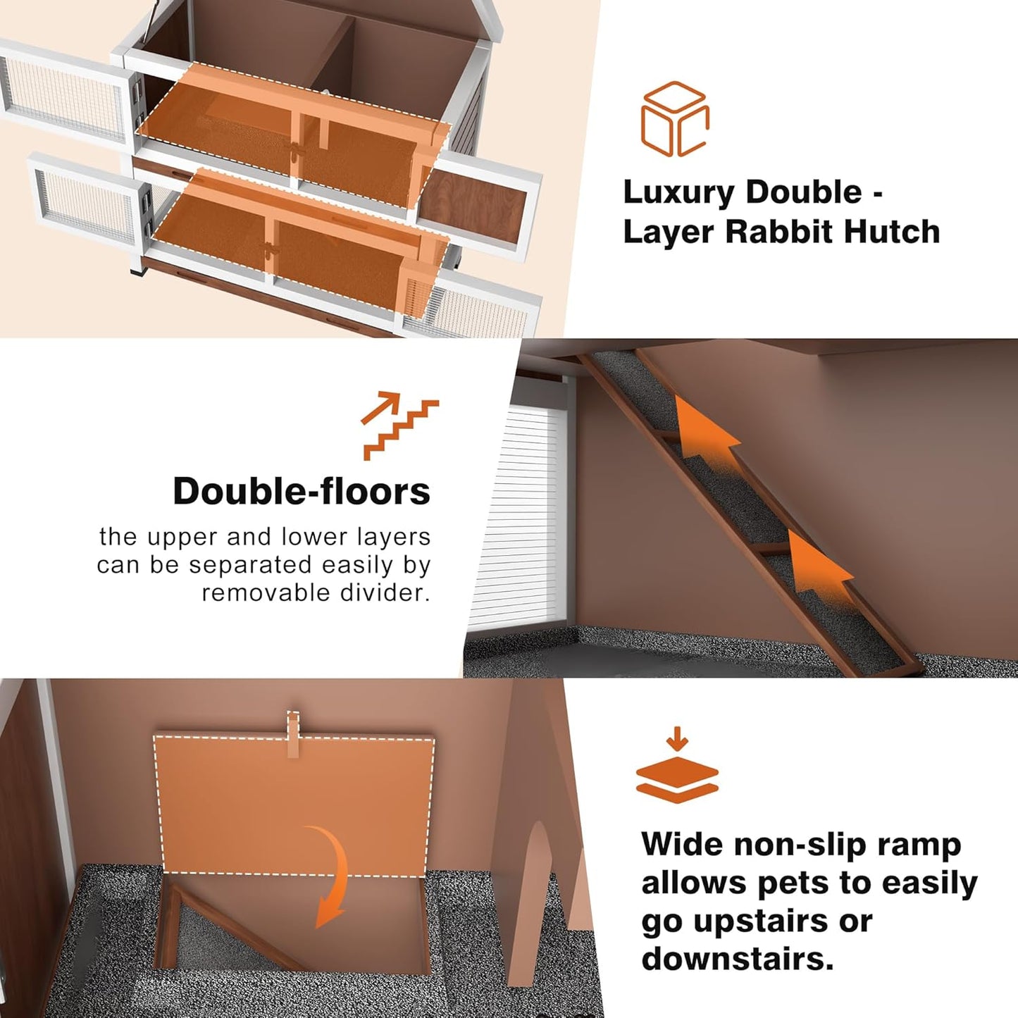 2 Story Rabbit Hutch, Indoor Outdoor Bunny Hutch Solid Wood Rabbit Cage with Removable Trays, Waterproof Asphalt Roofs and Ventilation Door, Small Animal House for Rabbit Guinea Pig Ferret, Walnut