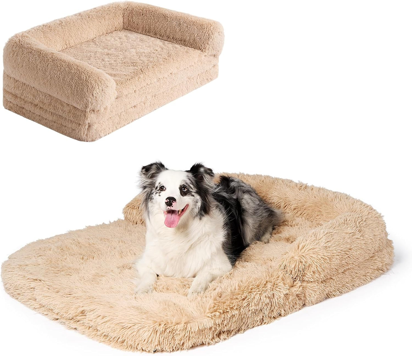 EHEYCIGA Foldable XXL Dog Bed, Faux Fur Fluffy Pet Couch Bed for Extra Large Dogs, Orthopedic Calming Memory Foam Big Pet Bed, Washable Soft Pet Sofa Bed with Non-Slip Bottom, Camel, 54"x38"x7.5"