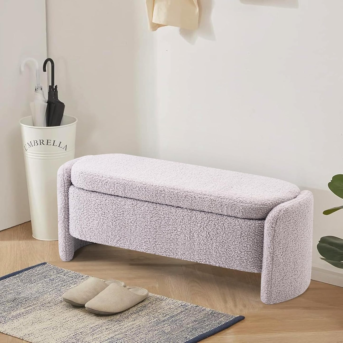 48 Inch Lamb Fleece Oval Storage Bench Upholstered Ottoman Bench with Storage, Bedroom Bench with Large Storage Space, for Bedroom Living Room Entryway, Grey