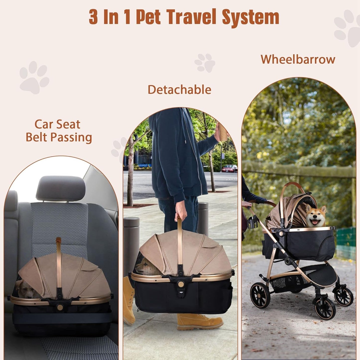 3 in 1 Multifunction Pet Stroller for Small Medium Dogs Cats, No-Zip Dog Stroller with Detachable Carrier & Cup Holder, One-Hand Quick Fold, 4 Wheels Travel Foldable Aluminum Alloy Frame Up to 33 lbs