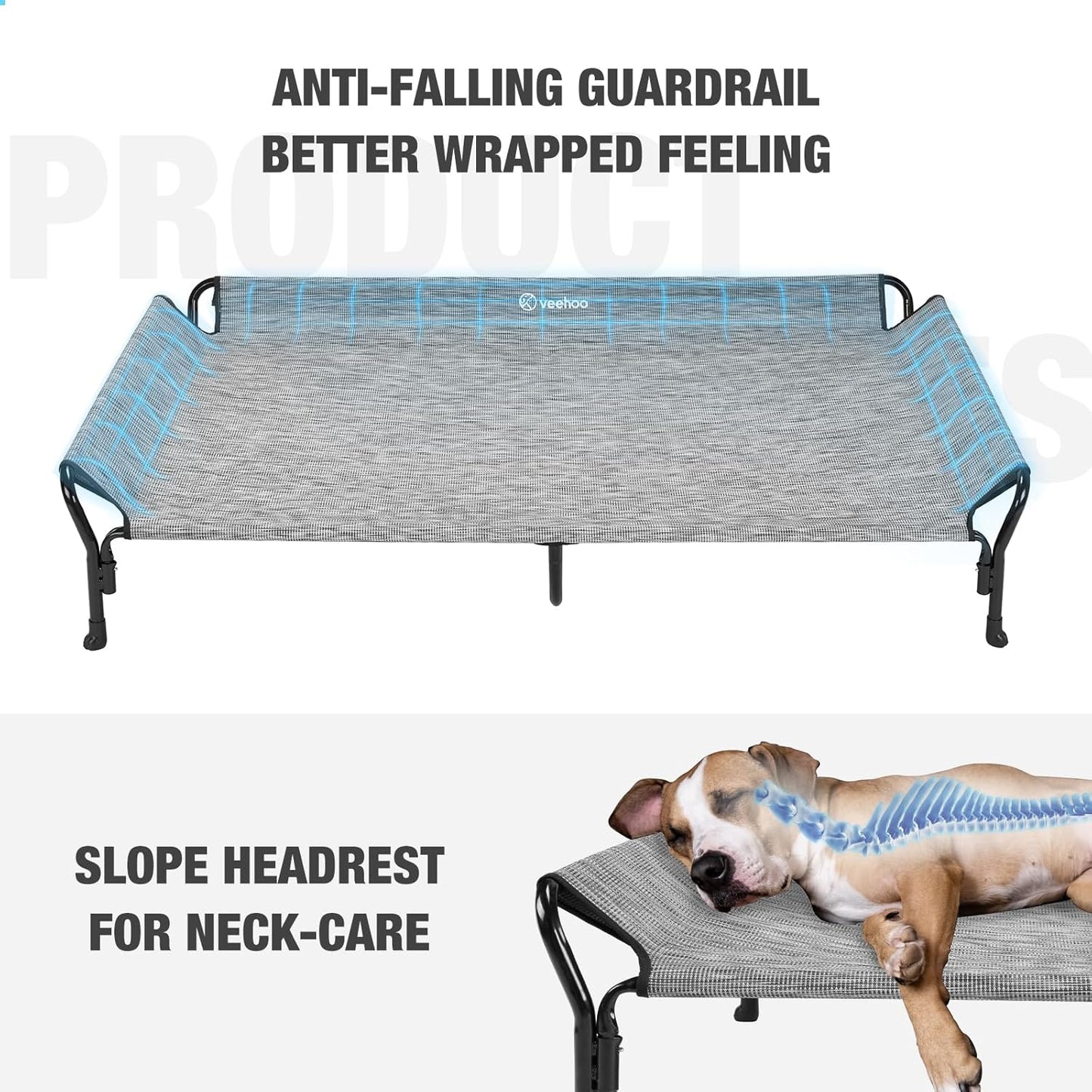 Veehoo Cooling Elevated Dog Bed, Guardrail Raised Pet Cot, Indoor & Outdoor XXL Pet Bed with Washable & Breathable Teslin Mesh, Non-Slip Feet, Dog Couch Bed, 62.5" x 37", Black Silver