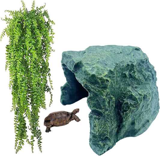 kathson Reptile Rock Hideout Cave,Tortoise Hide Caves,Resin Hides Shelter,Reptile Green Plant Decoration Habitat Decor Terrarium Accessories for Lizards Bearded Dragon Gecko Turtles Spiders