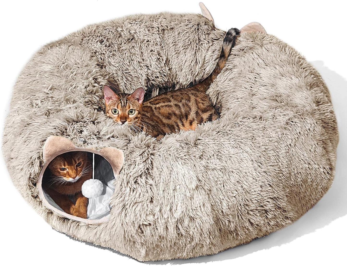 Cat Tunnel with Cat Bed for Indoor Cats, Soft Plush Peekaboo Cat Cave Donut Tunnel, Multifunctional Playground Toys Hideplace for Small Medium Large Kittens, Rabbit, Ferret, Brown