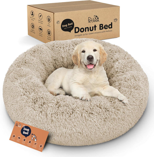 Donut Dog Bed - Premium Comfort for Anxiety Relief - Fluffy & Calming Design with Ultra-Plush Support | Cozy Round Dog Bed with Super Soft Circle Style (Size S Beige)
