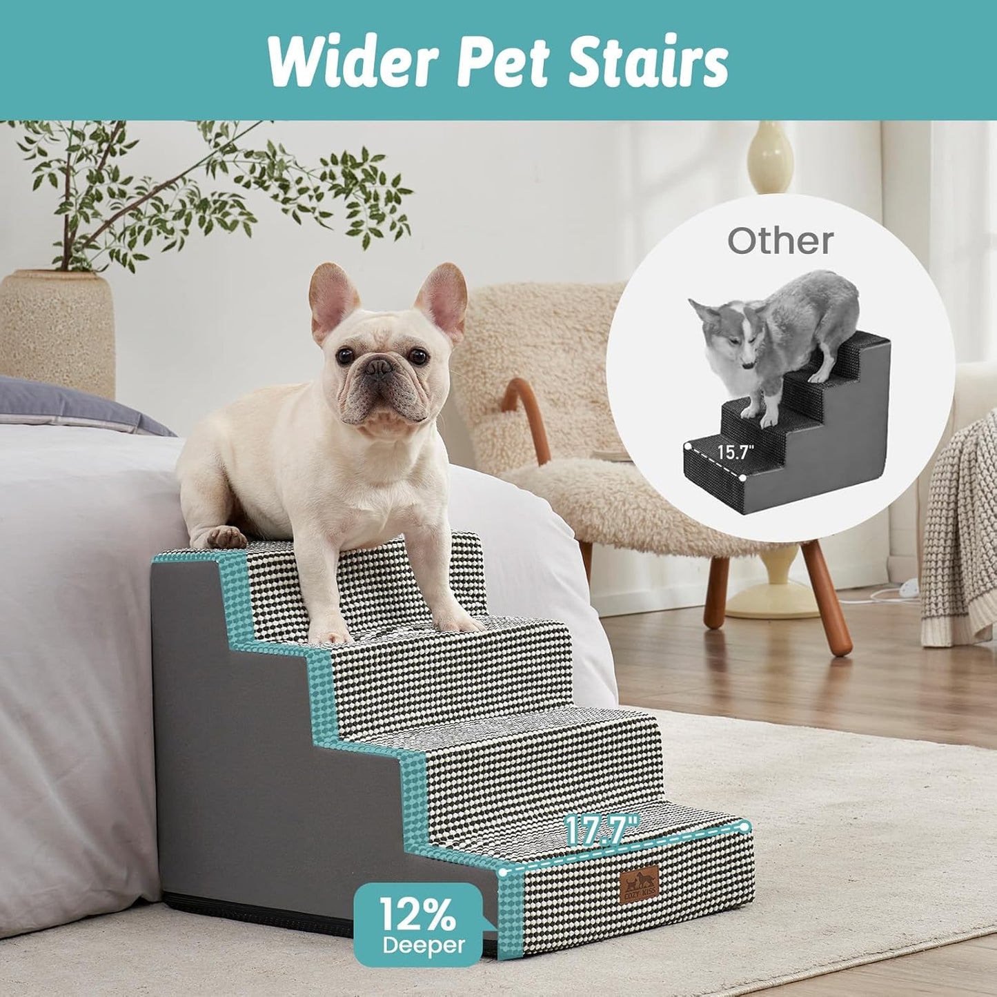 Dog Stairs for Small Dogs, 4 Tier Wider Pet Stairs for Couch and Beds, 17.7" H Non-Slip Dog Steps for Old Cats, Puppy, Small Medium Dogs, 17.7x23.6x17.7 inch, White Black