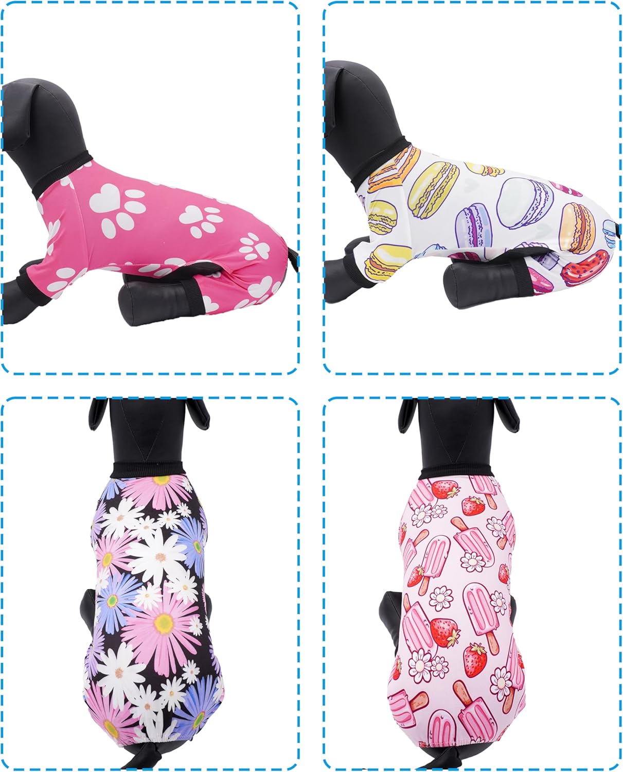 PET SHOW 4 Pack Dog Pajamas for Extra Large Dogs Girl Soft Stretchy PJs Paw Floral Jumpsuit Dog Doughnut Ice Cream Onesies Outfits with Sleeve Pets Breathable Summer Clothes Costume XXXL