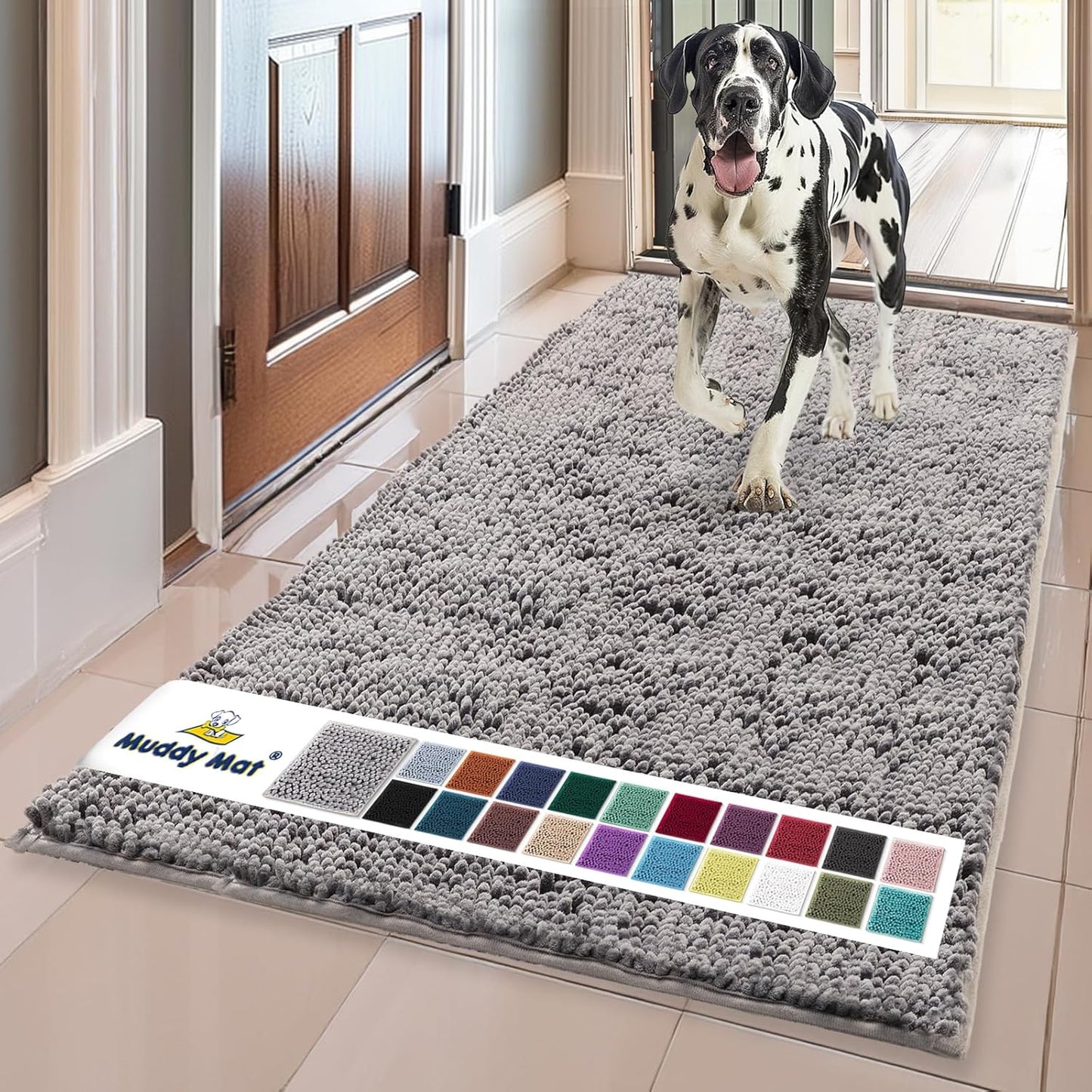 Muddy Mat® Shown on TV – Super Absorbent Microfiber Dog Door Mat for Muddy Paws, Non-Slip Washable Pet Rug, Quick Dry Chenille Entryway Carpet, Machine Washable Indoor Outdoor mat, Grey 60"x24"