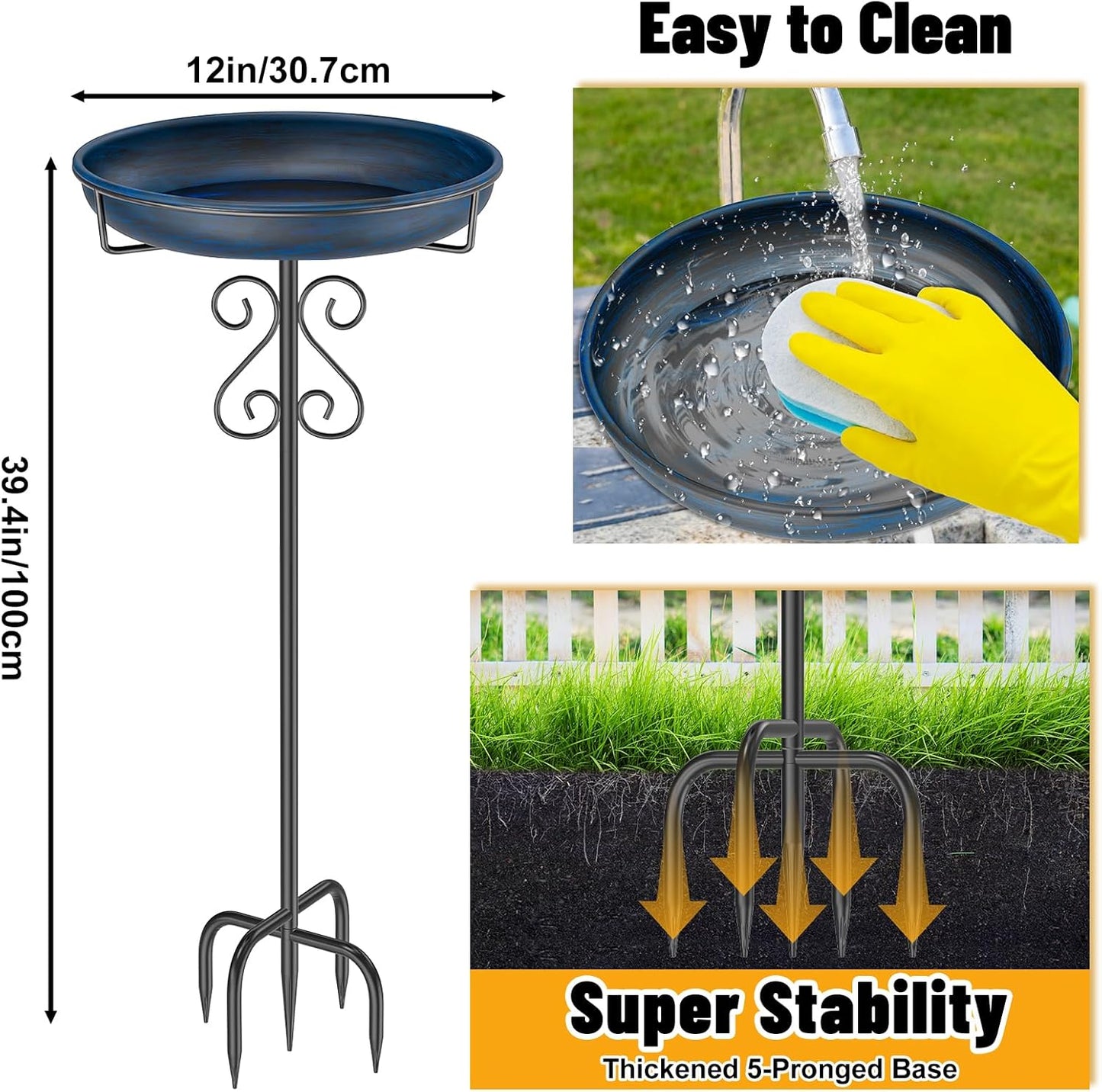 Metal Bird Bath for Outside,Bird Baths Feeder Bowl with 5 Prongs Base Stake,Freestanding BirdBaths for Outdoors Garden Patio Yard Lawn Decor (Vintage Blue)