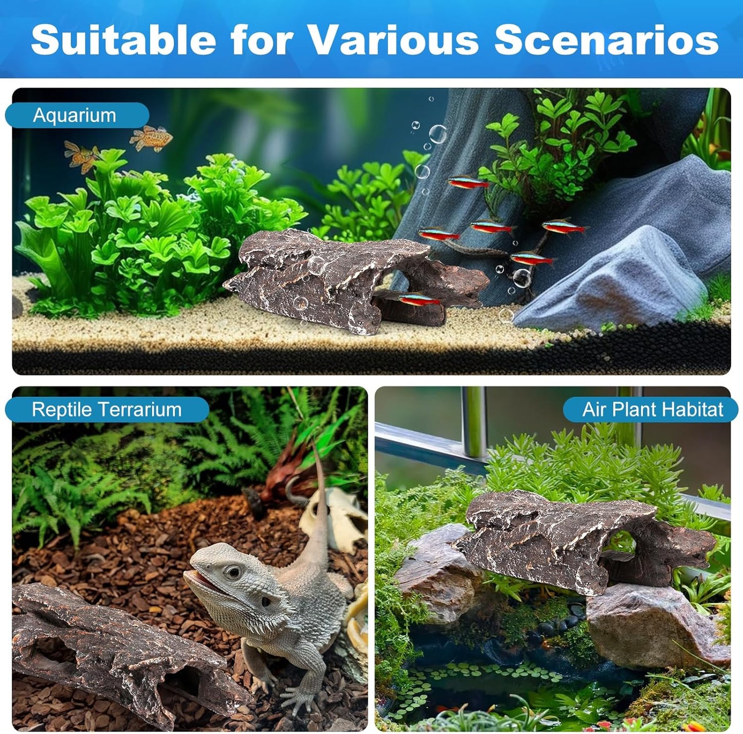 TRUVIC Fish Tank Decorations - Aquarium Cave Decor, Resin Hollow Tree Trunk Reptile Hide & Betta Log Hideout for 20 Gallon Tank, Fish Accessories Shelter Cave