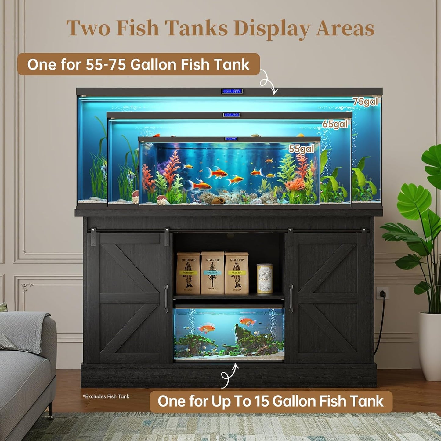 55-75 Gallon Fish Tank Stand with Sliding Barn Doors & Power Outlet, Heavy Duty Aquarium Stand with Cabinet Storage for Fish Tank, Turtle Tank, Reptile Terrarium, 1000LBS Capacity, Black