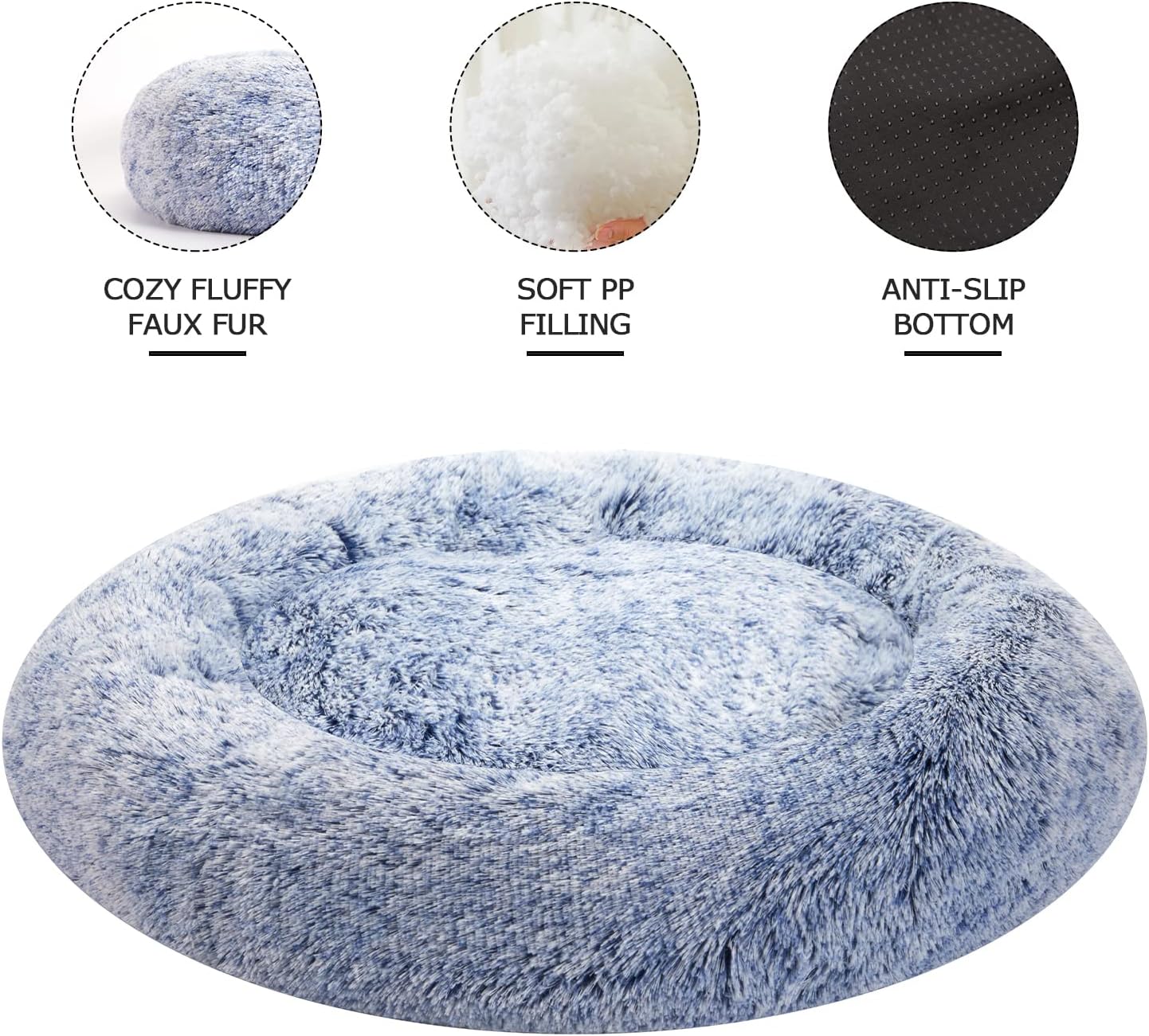 Bedfolks Calming Donut Dog Bed, 23 Inches Round Fluffy Dog Beds for Small Dogs, Machine Washable Anti-Anxiety Plush Puppy Bed（Navy Blue, Small）