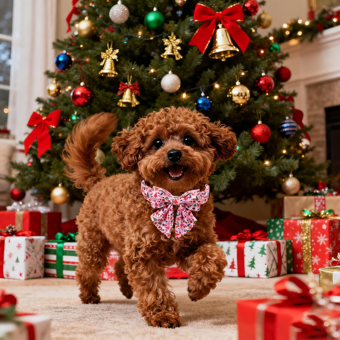 Lionet Paws Christmas Dog Collar with Sailor Bow, Cute Ho Christmas Tree Snowman Pink Dog Collar Bow Tie for Dogs, Small, Neck 10-16 inches