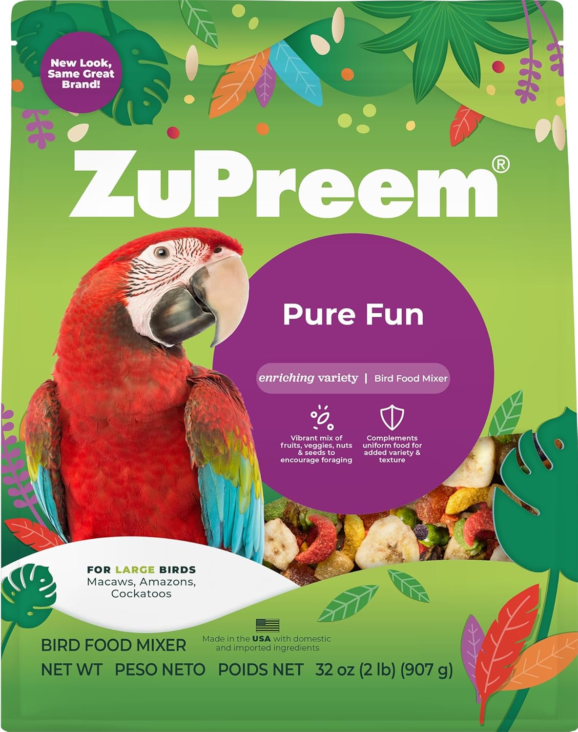 ZuPreem Pure Fun Bird Food, Amazon, Cockatoo, Macaw, Seed and Pellet Blend for Large Birds, Food Mixer Topper, Enriching Variety, Made in USA, Bird Seed for Large Birds (L, 2 lbs)