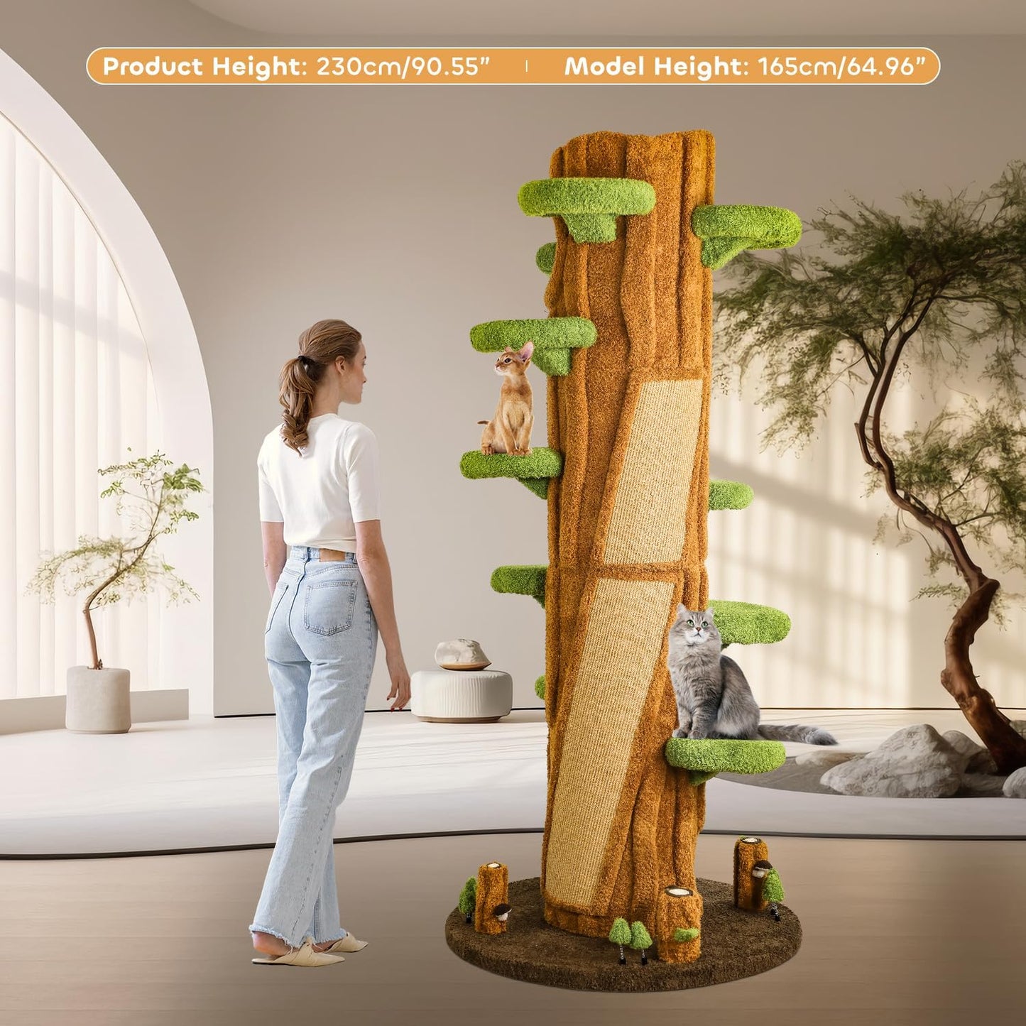 90.5'' Luxury Cat Tree for Indoor Cats, All-in-One Tall Cat Tower with Scratching Post, Multi-Level House, Wood Condo for Multi-Cat Families (Green)