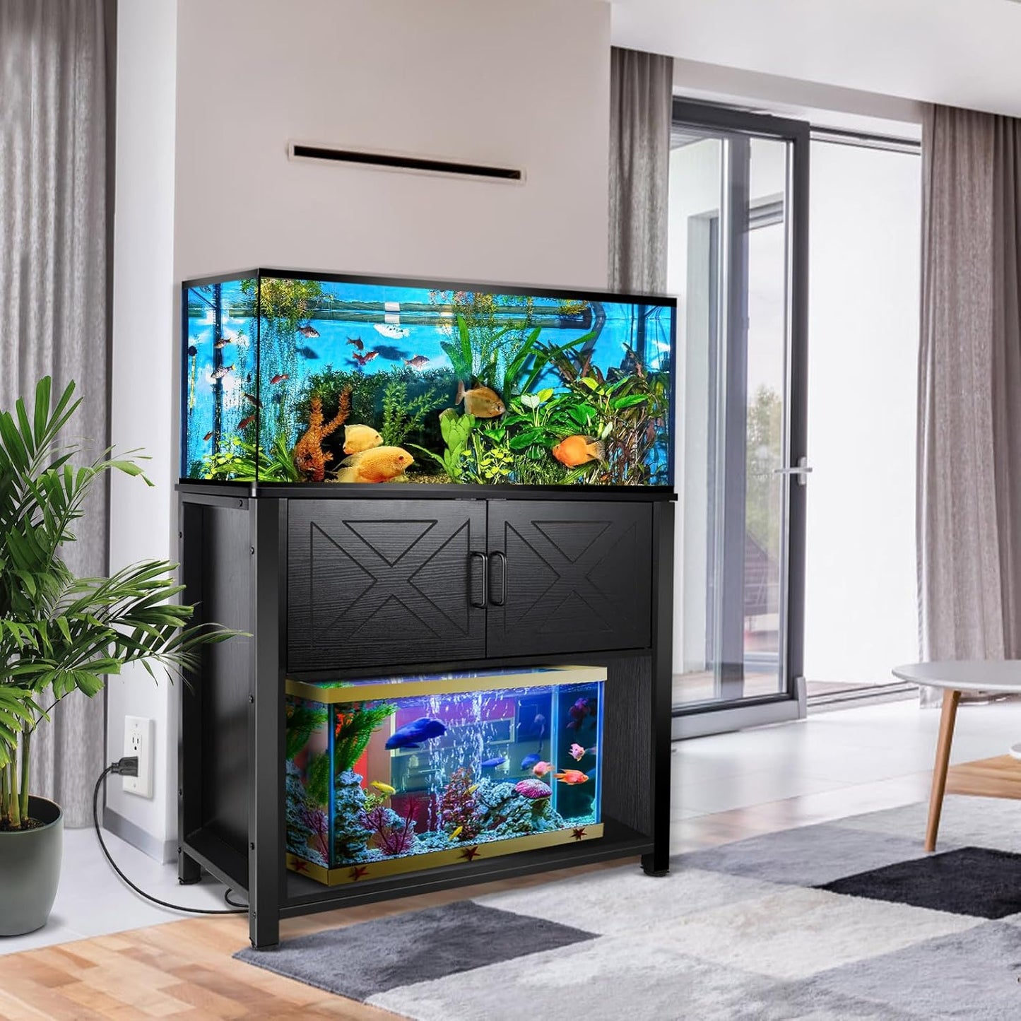 40 Gallon Tank Stand with Cabinet and Power Outlets, Heavy Duty Metal Aquarium Stand for 40-50 Gallon Breeder Tank, Turtle Tank, Double Terrarium Stand, 660LBS Capacity, Black