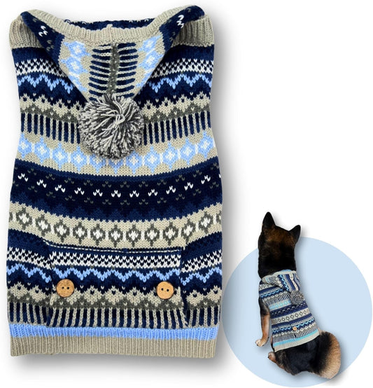 Cute Sweater for Dogs and Cats Soft Flannel Pet Outfit Warm and Cozy Animal Hoodie Small to Large Pet Clothes for Halloween Parties and Everyday Wear (Small, Blue Patten with Hat)