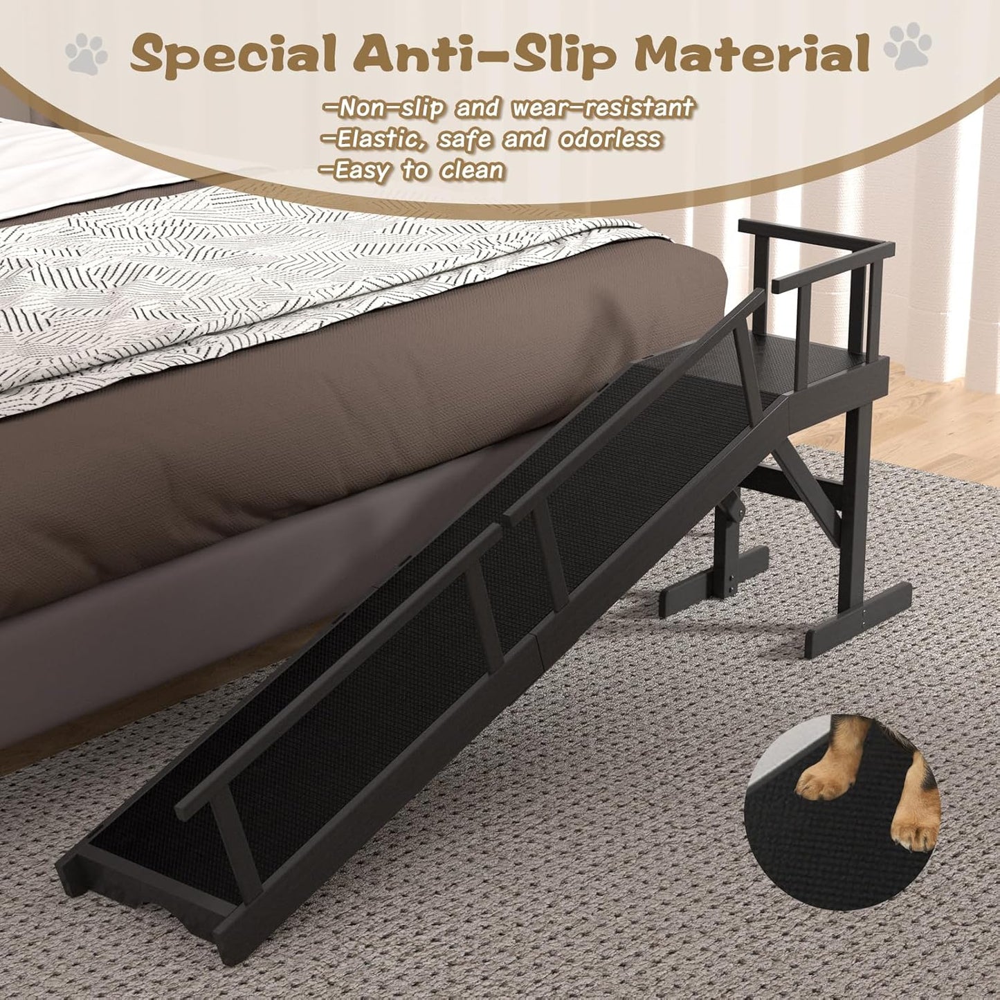 61" Dog Ramp for Bed, Pet Ramp with Removable Side Rail and Non-Slip Surface, Pet Ramp for Small & Large & Senior Dogs with Rest Platform and DIY Glow Strips,Dog Stairs for Couch,Black