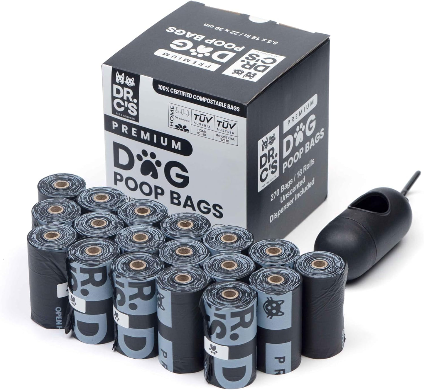 100% Certified Compostable Dog Poop Bags - Dr. C's Premium Dog Poop Bags - 270 Bags / 18 Rolls, Extra thick, Leak Proof, Unscented, Plant Based and Earth Friendly, Dispenser Included