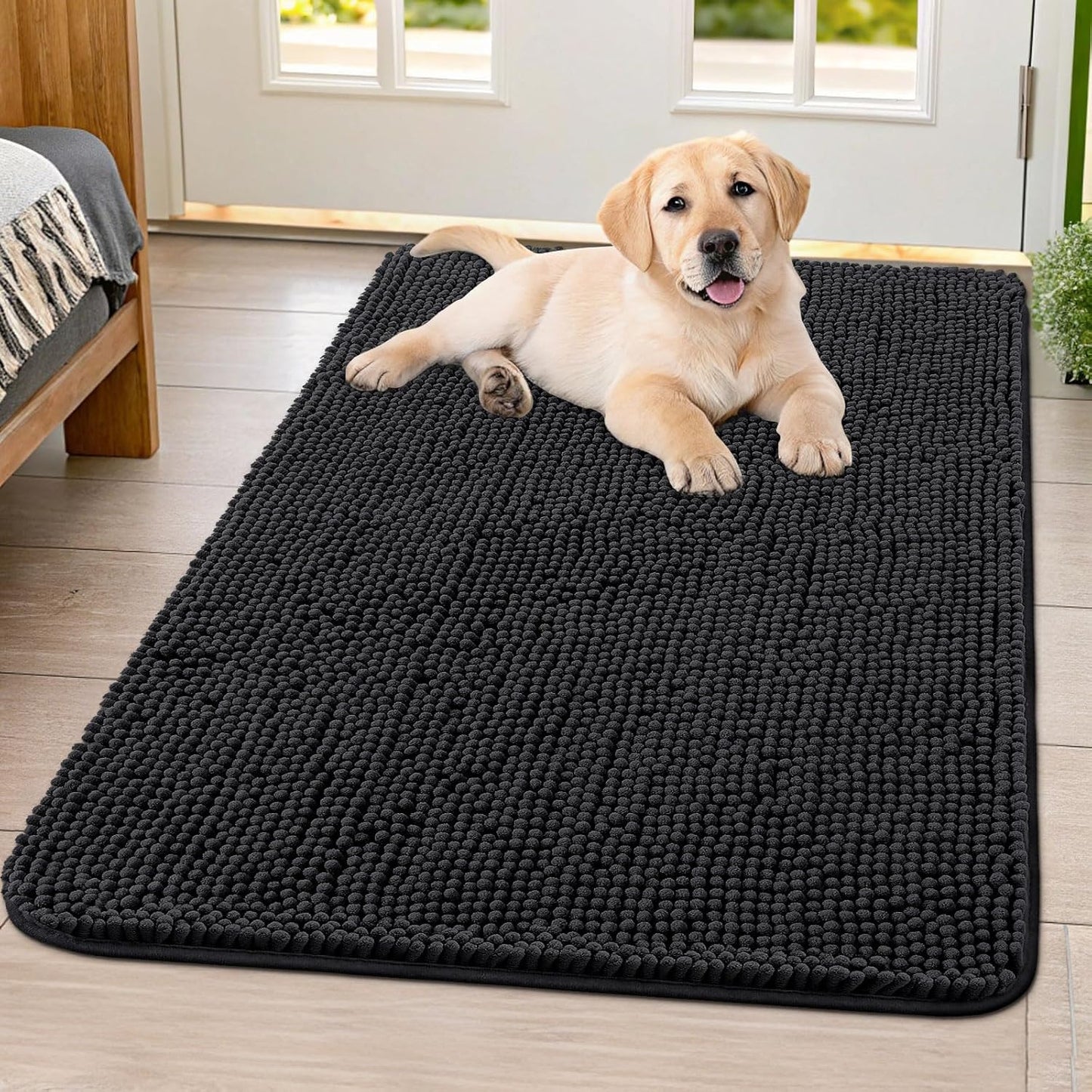 Smiry Dog Door Mat for Muddy Paws 40x32, Absorbs Moisture and Dirt Doormat, Non-Slip Washable Quick Dry Chenille Front Door Mat Indoor Entrance, Entryway Carpet for Inside Floor, Black