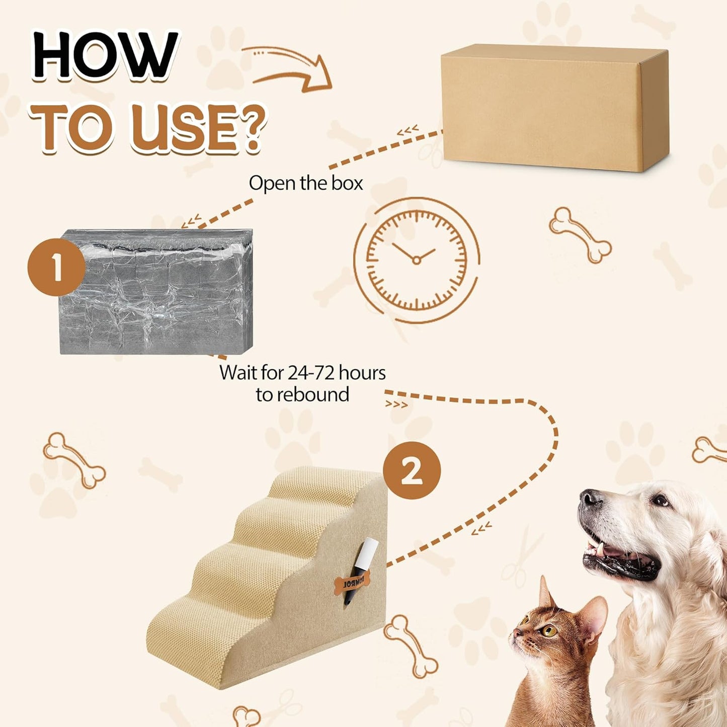 Dog Stairs, Romrol Dog Steps Ramp for High Bed and Couch, Dogs Ramp with Durable Non-Slip Waterproof Fabric Cover, Pet Stairs for Small Dogs and Cats or Pets Joints, 4-TiersBeige