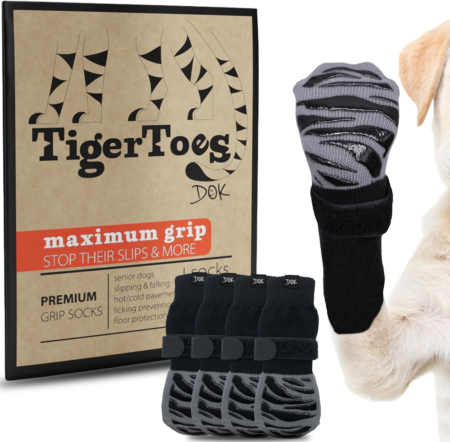 DOK TigerToes Premium Non-Slip Dog Socks for Hardwood Floors - Extra-Thick Grip That Works Even When Twisted - Prevents Licking, Slipping, and Great for Dog Paw Protection (XXS)