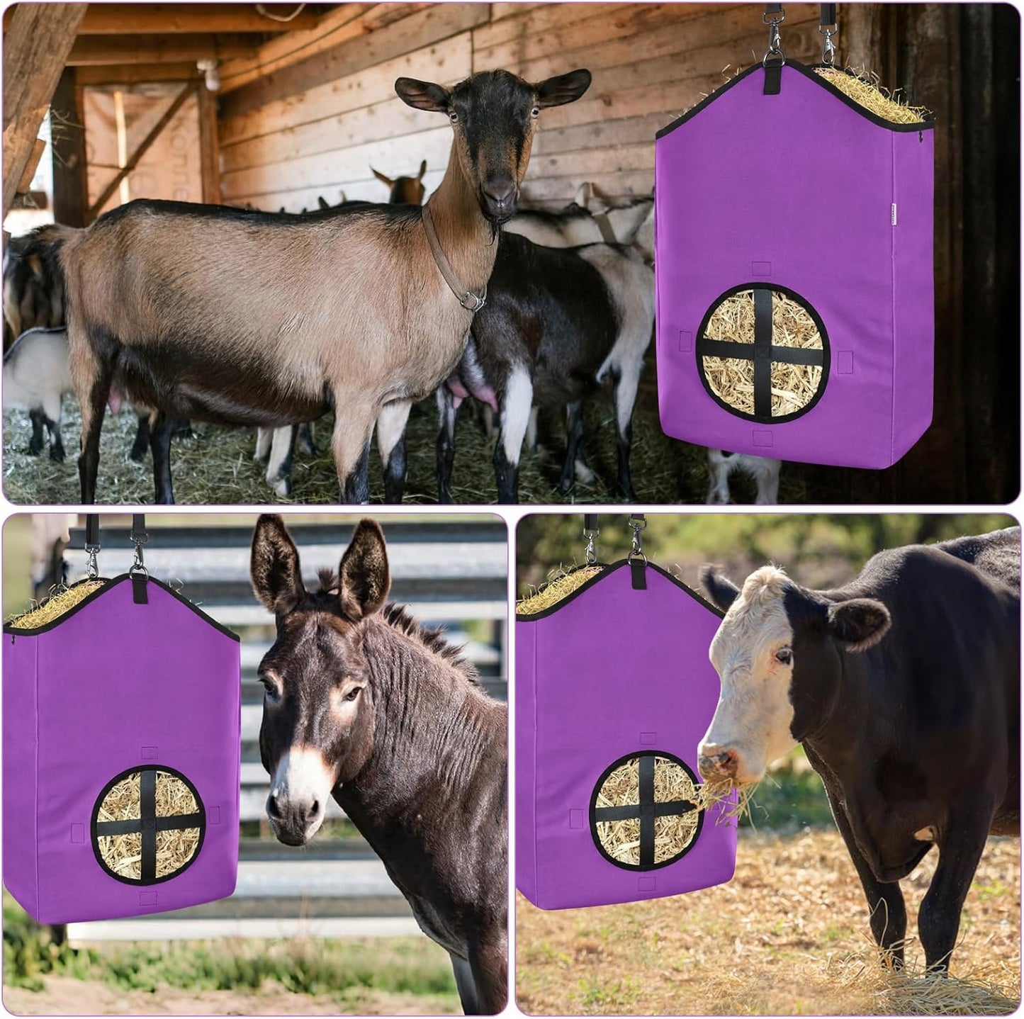 3 PCS Goat Hay Feeder,Hay Bags for Horses,Goats,Donkeys with Reinforced Oxford Fabric and High Strength Metal Clasp,Horse Feeding Supplies with Adjustable Strap for Easy Hanging(2Purple+1Orange)