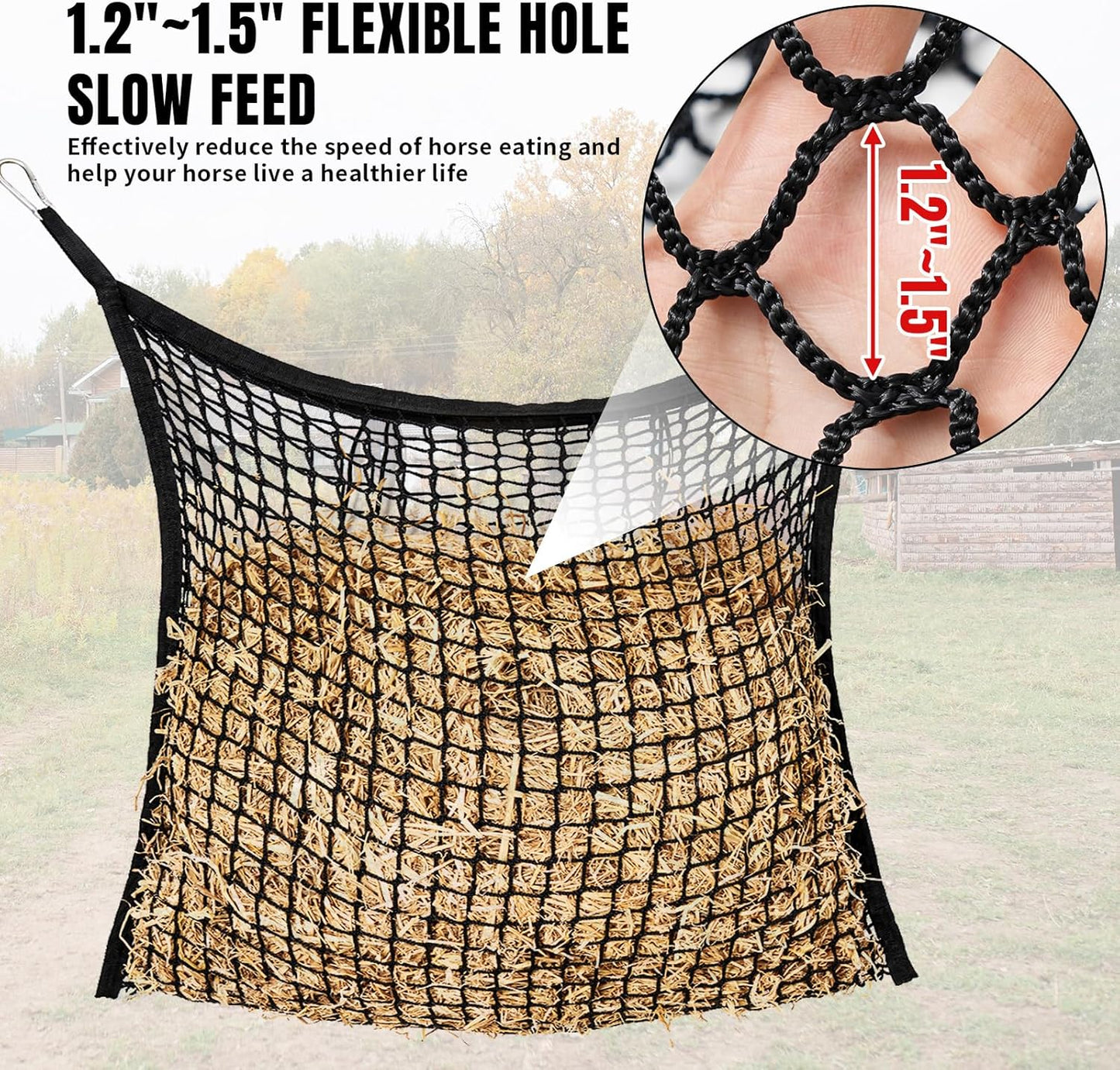 2 PCS Slow Feed Hay Net for Horses, Large Capacity Hay Bags for Horses Goats Sheep Donkey Trailer Full Day Feeding, Easy to Fill and Hang, Black, 35 x 31 Inch