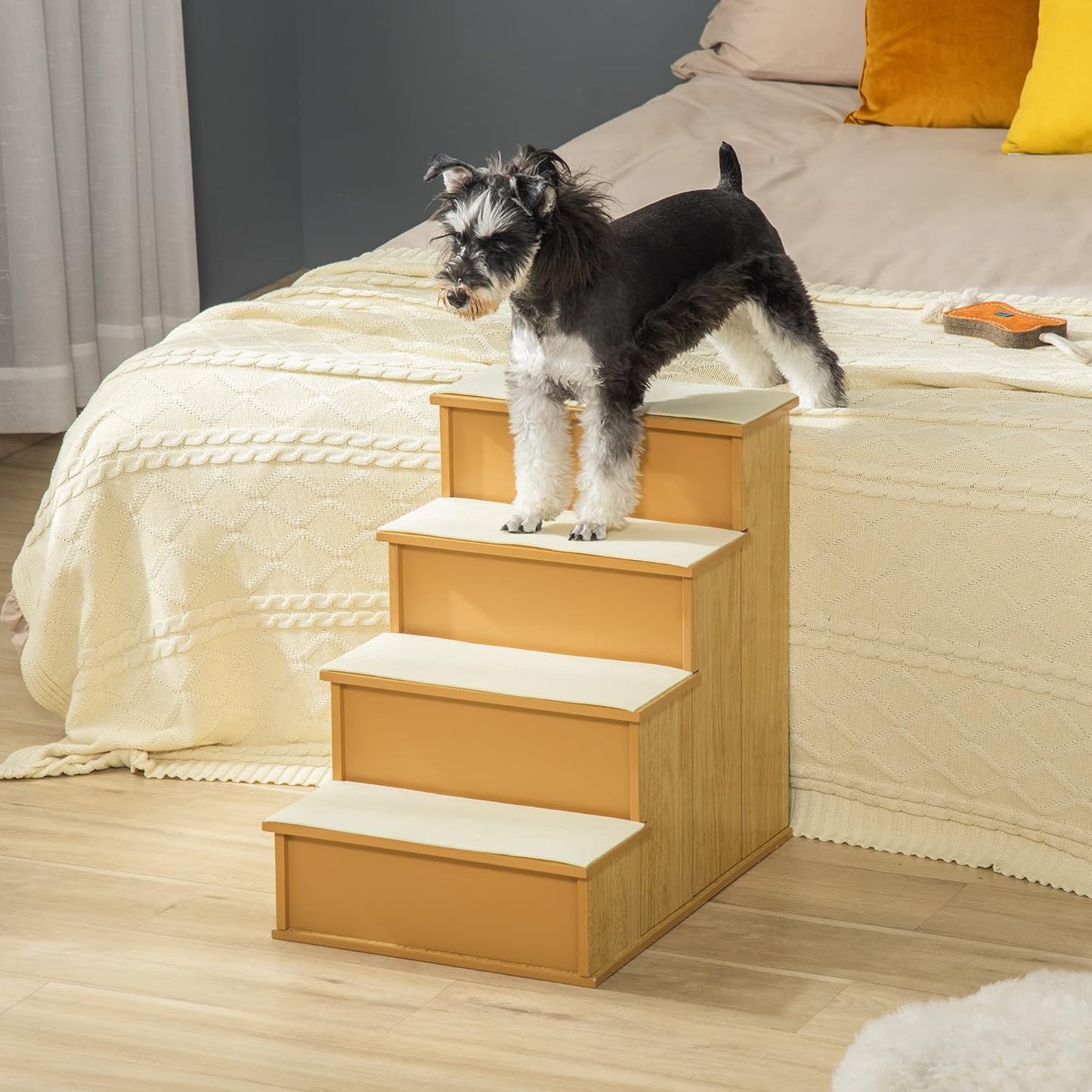 PawHut Pet Stairs, Small Pet Steps with Cushioned Removable Covering for Dogs and Cats Up to 22 Lbs., Natural