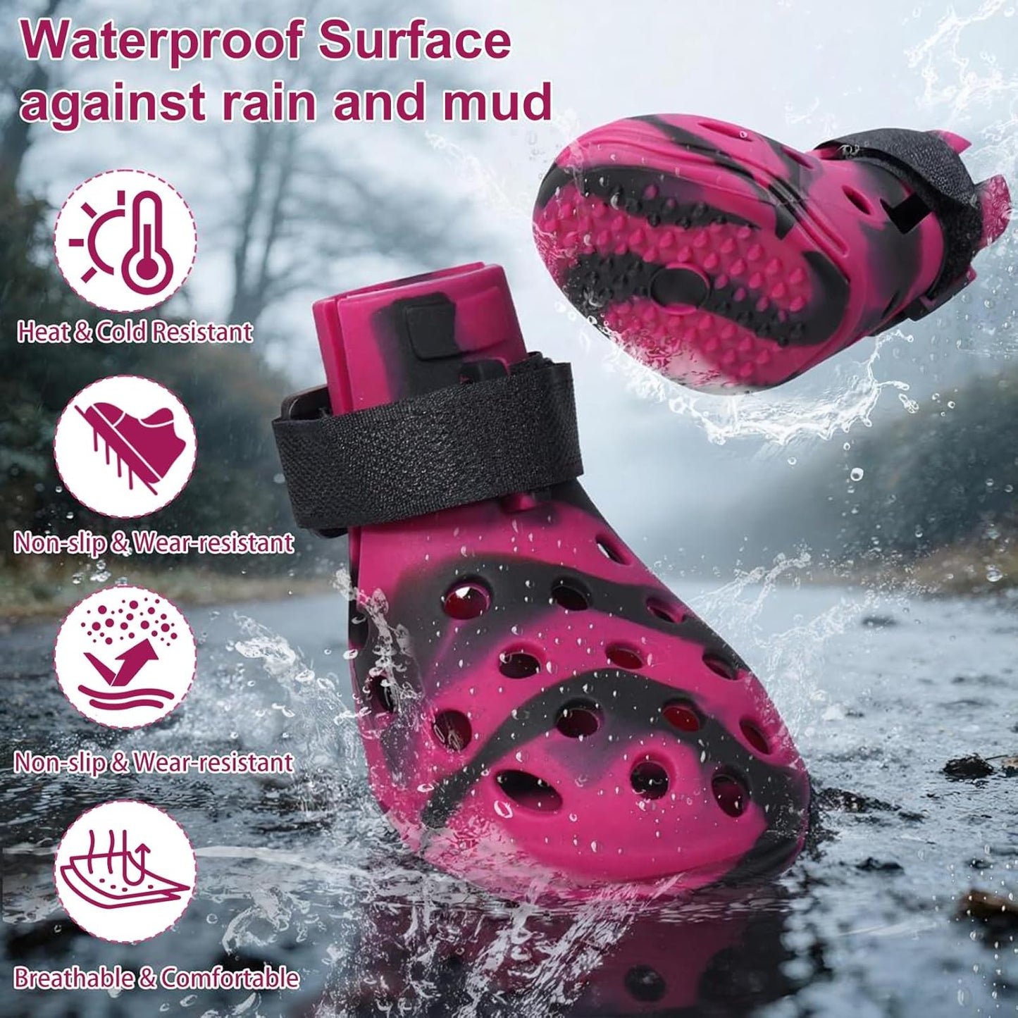 Dog Shoes for Hot Pavement and Snow, Silicone Dog Booties for Small Medium Large Dogs, Waterproof Paw Protectors- Non-Slip, Adjustable Straps, Dog Boots for Beach/Rain/Hiking (Black Pink, M)