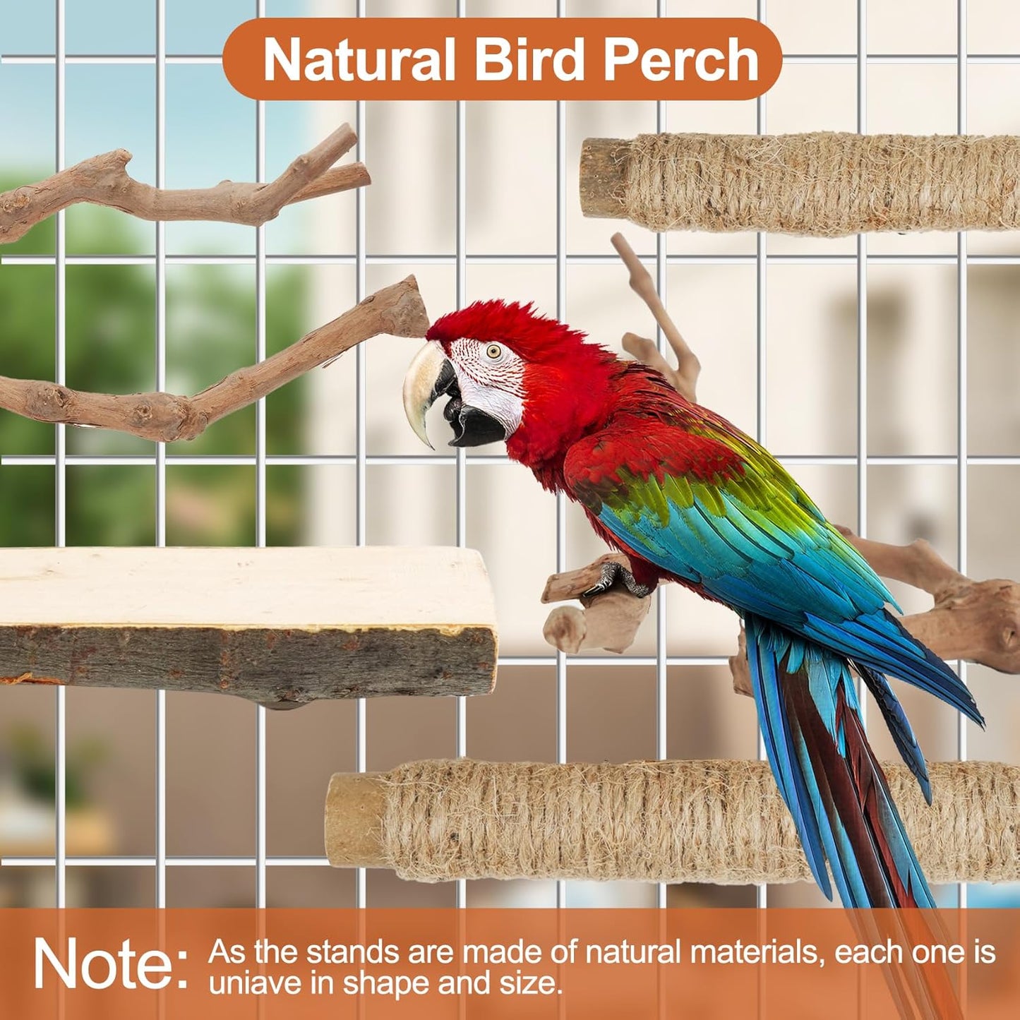 Bird Perch Stand, Pole Standing Natural Wood Bird Perch Set 5PCS Paw Grinding Fork Parrot Cage Branch with Rope for Macaw African Grey Amazon Pet Medium Birds Cage Accessories