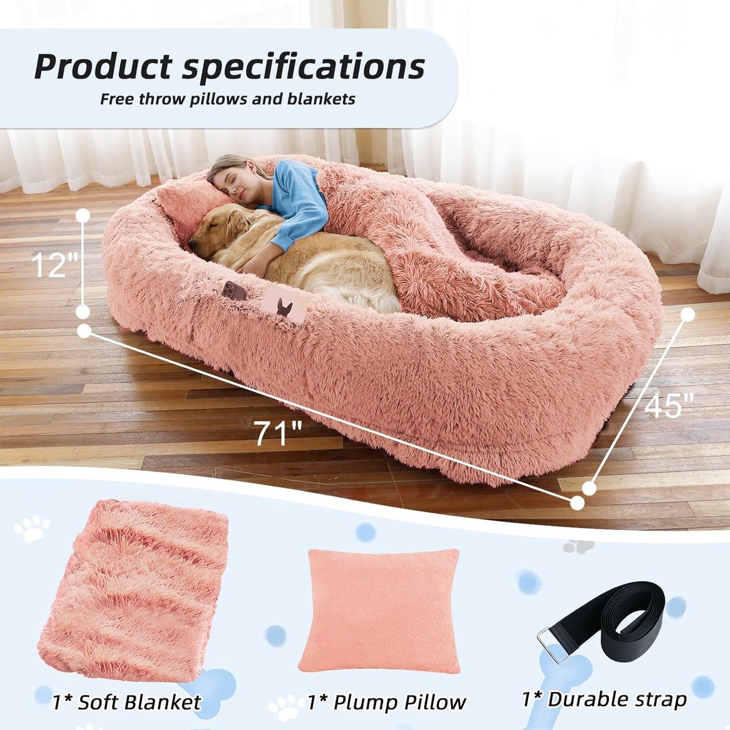 Human Dog Bed, 71''x45''x12'' Size Fits You and Pets, Washable Faux Fur Pet Bed for People Doze Off, Napping Orthopedic Dog Bed, Present Plump Pillow, Blanket, Strap - Pink