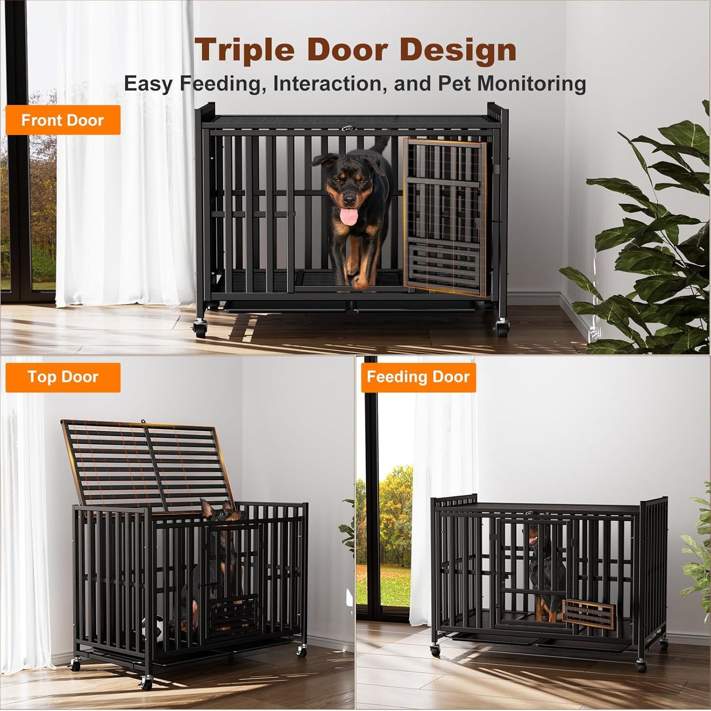 42 inch Heavy Duty Dog Crate, Upgraded Thickened Steel Frame Indestructible Kennel for Large & High Anxiety Dogs, Escape Proof Design with 3 Doors, 4 Lockable Wheels and 2 Removable Trays