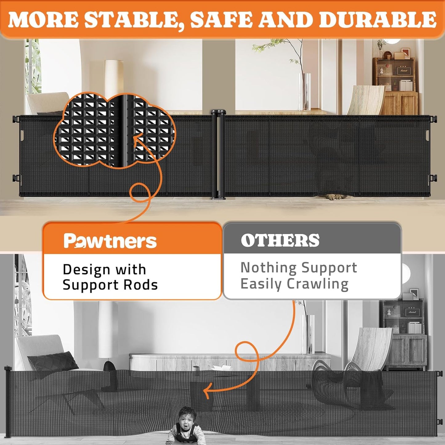 2-in-1 Retractable Baby Gates, 41" Tall Mesh Dog Gate 1-Pack, One Side Up to 200" Wide, Total 400" Wide, Long Retractable Pet Gate for Yard Swimming Pool Garage Indoor Outdoor-Black