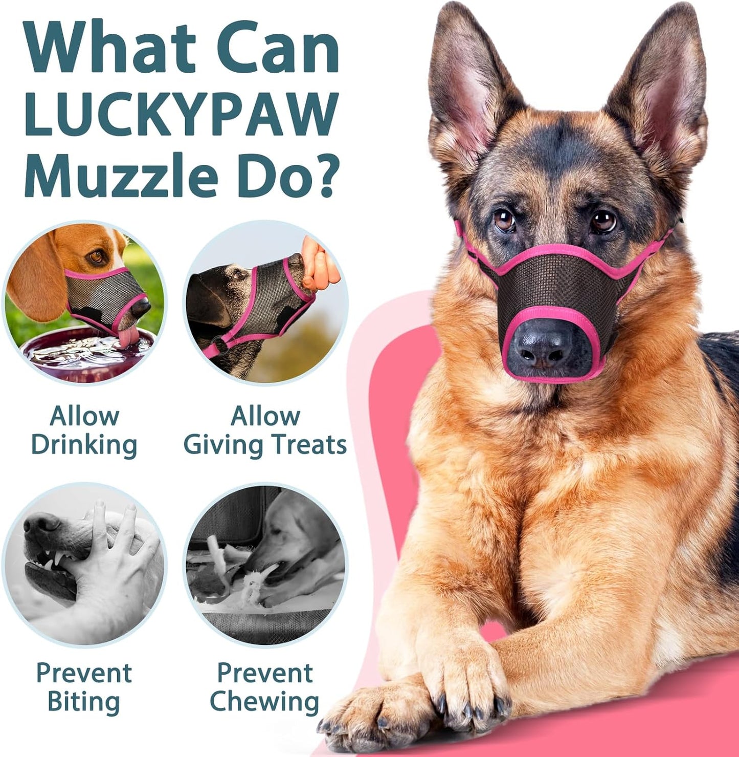LUCKYPAW Dog Muzzle, Mesh Muzzle for Large Medium Small Dogs, Soft Mouth Guard for Biting Chewing, Breathable Mouth Guard with Adjustable Strap for Training(Hot Pink, XL(Snout:11"-12.25"))