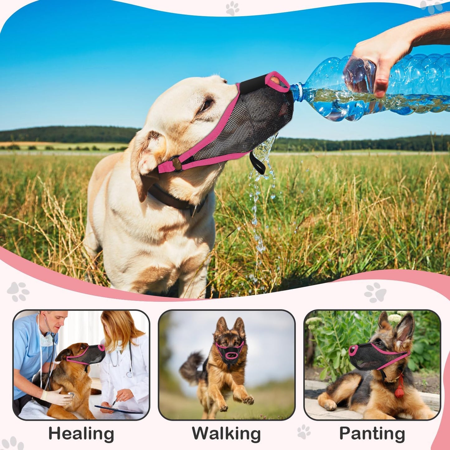 Dog Muzzle, Soft Air Mesh Muzzle for Small Medium Large Dogs Anti Biting Barking Chewing Scavenging, Breathable Adjustable Loop Pets Muzzle with Front Opening Design Allows Panting Drinking (Pink,XL)