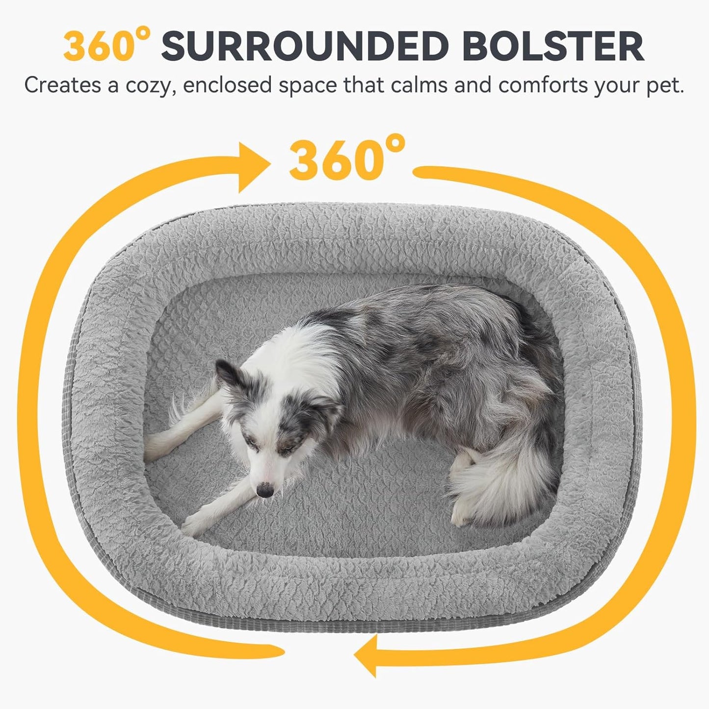 JOEJOY Orthopedic Dog Bed for Extra Large Dogs, Egg-Crate Memory Foam Pet Bed with Bolster Sides, Waterproof Lining, Removable Washable Cover & Non-Slip Bottom, Light Grey