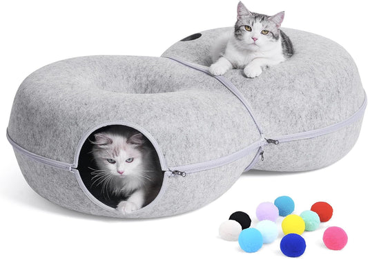 8-Shaped Large Cat Tunnel Bed for Indoor Cats, Infinite Circulation Peekaboo Cat Cave with 12 Toy Balls, Cat Donut Tunnel for Cats up to 30 Pounds (Light Grey, L 38x24x11in)