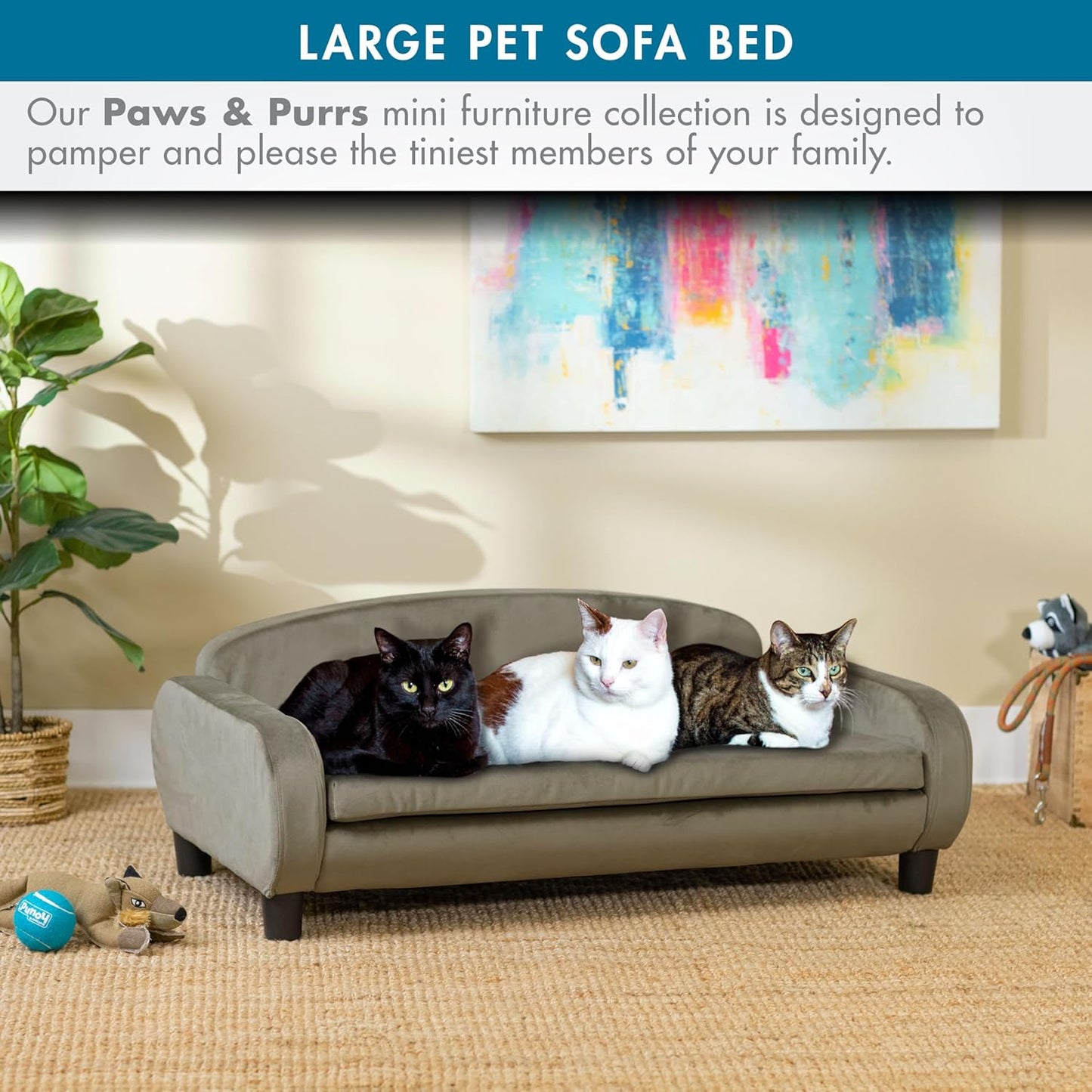 Paws & Purrs Multi-Cat Sofa Bed – 41.5″ Wide Elevated Pet Couch with 3″ Foam Mattress, Removable Machine-Washable Cover – Stylish Indoor Pet Furniture for Two or More Cats and Dogs, Ash