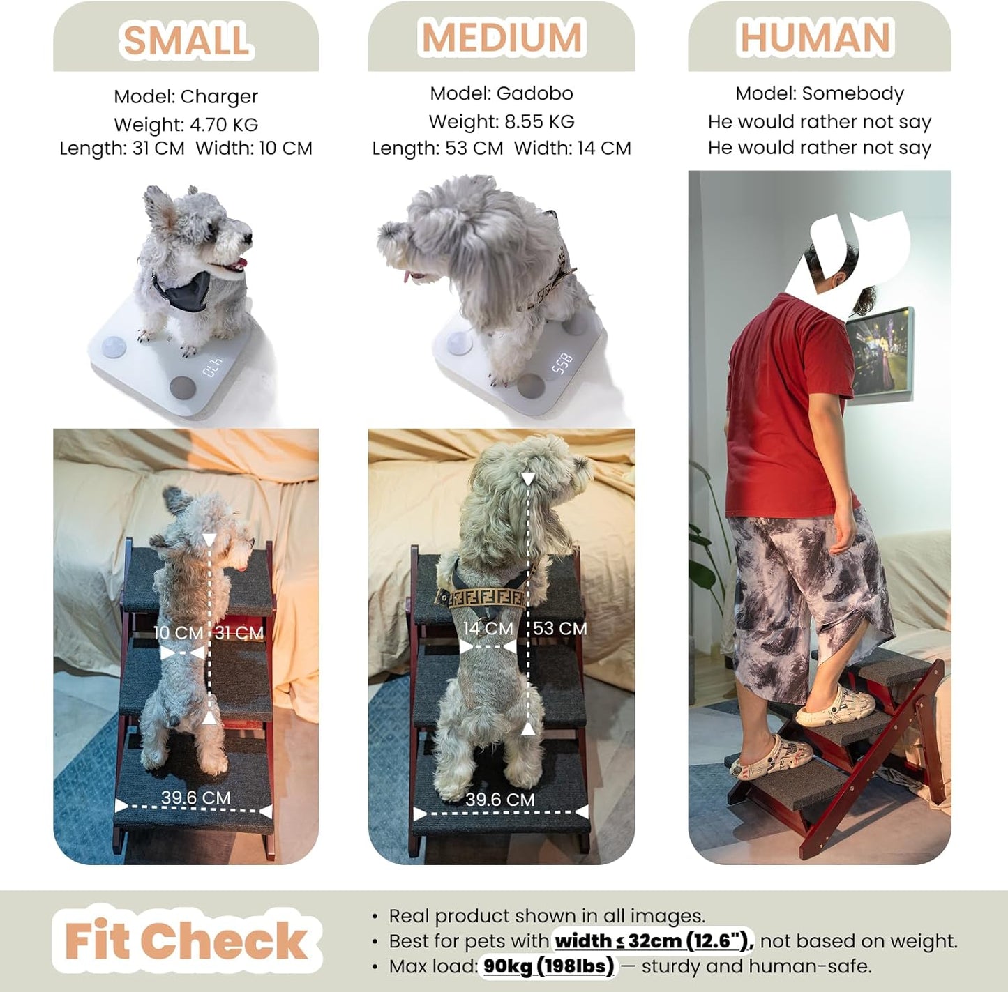 MEWANG Wooden Pet Stairs/Pet Steps - 3-in-1 Foldable Stairs & Ramp for Tall Beds and Cars - Portable Dog/Cat Ladder Up to 220 Pounds - for Small and Older Animals(Brown) (31.5" L x 17.2" W x 25.0" H)