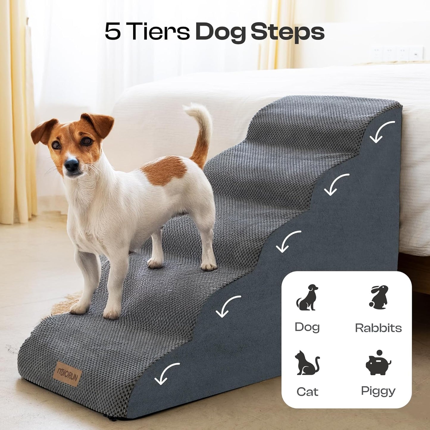 Dog Stairs for High Beds Up to 30", Extra-Tall 24.5" 5-Step Foam Pet Ramp with Washable Cover, Gentle Slope Steps, Bed & Couch Ladder for Small Medium Dogs & Senior Cat, Puppy Climbing Stairs