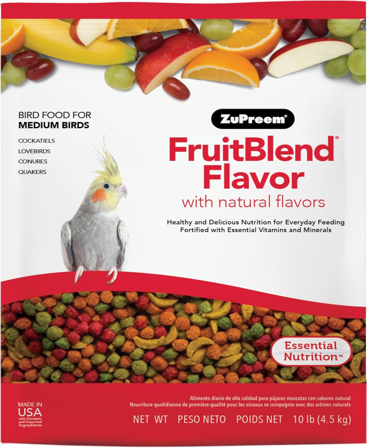 ZuPreem FruitBlend Bird Food, Bird Feed Pellets for Cockatiel, Lovebird, Quaker, Small Conure, Lorikeet, Core Nutrition with Natural Fruit, Cockatiel Food, Conure Feed, (Medium, 10 lb Bag)