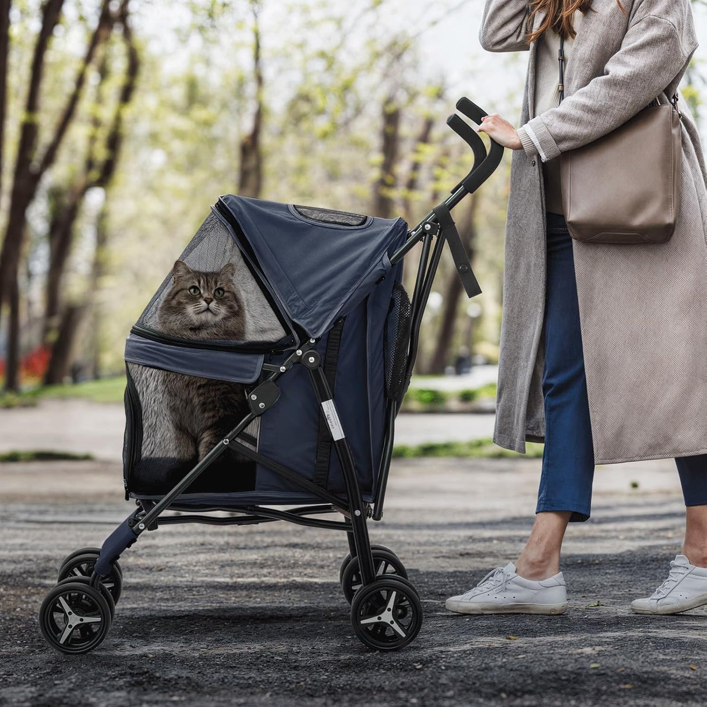 MoNiBloom 4 Wheels Pet Stroller, Easy-Fold Puppy Cage Jogger Stroller with Sun Cover, Pad and Rear Storage Bag, Breathable and Visible Mesh for Small/Medium Pets up to 22 lbs, Navy Blue