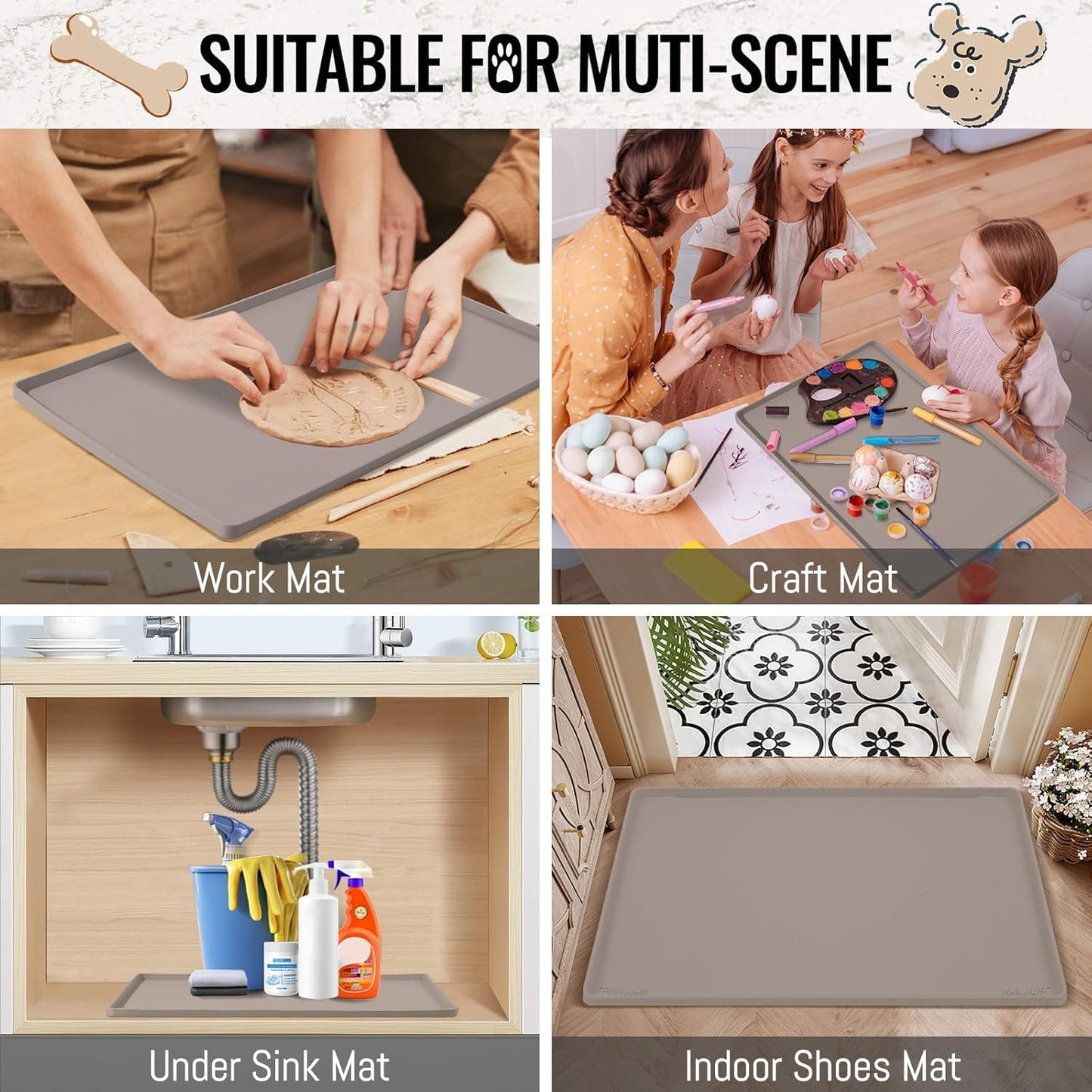 MateeyLife Dog & Cat Food Water Mat for Floors Waterproof, Nonslip Pets Bowl Feeding Mats with Raised Edges, Silicone Matt Tray for Messy Drinkers, 24"x16", Taupe