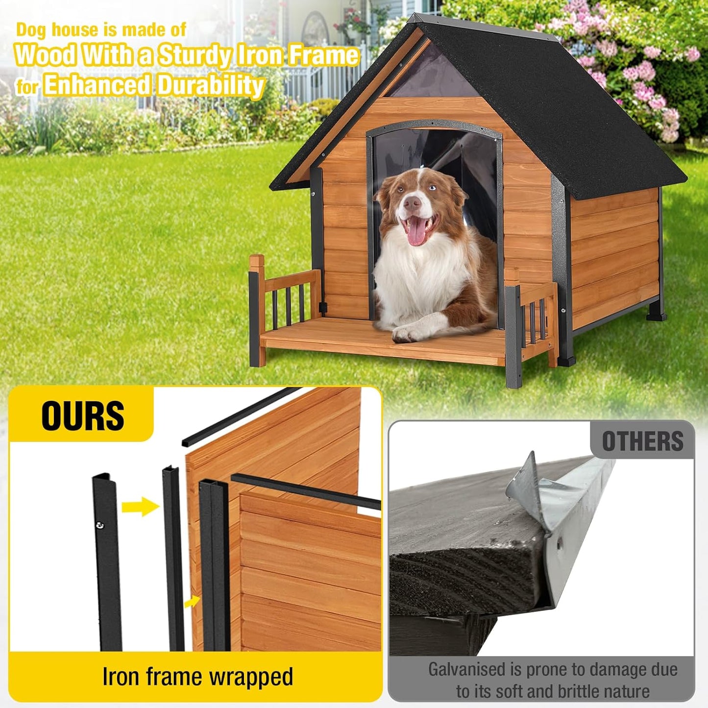 AIVITUVIN Outdoor Dog House with Anti-Chewing Durable Metal Frame Dog Kennel for Large Breed Dog Shelter Weatherproof (Brown 50.9" D x 37.4" W x 37.2" H